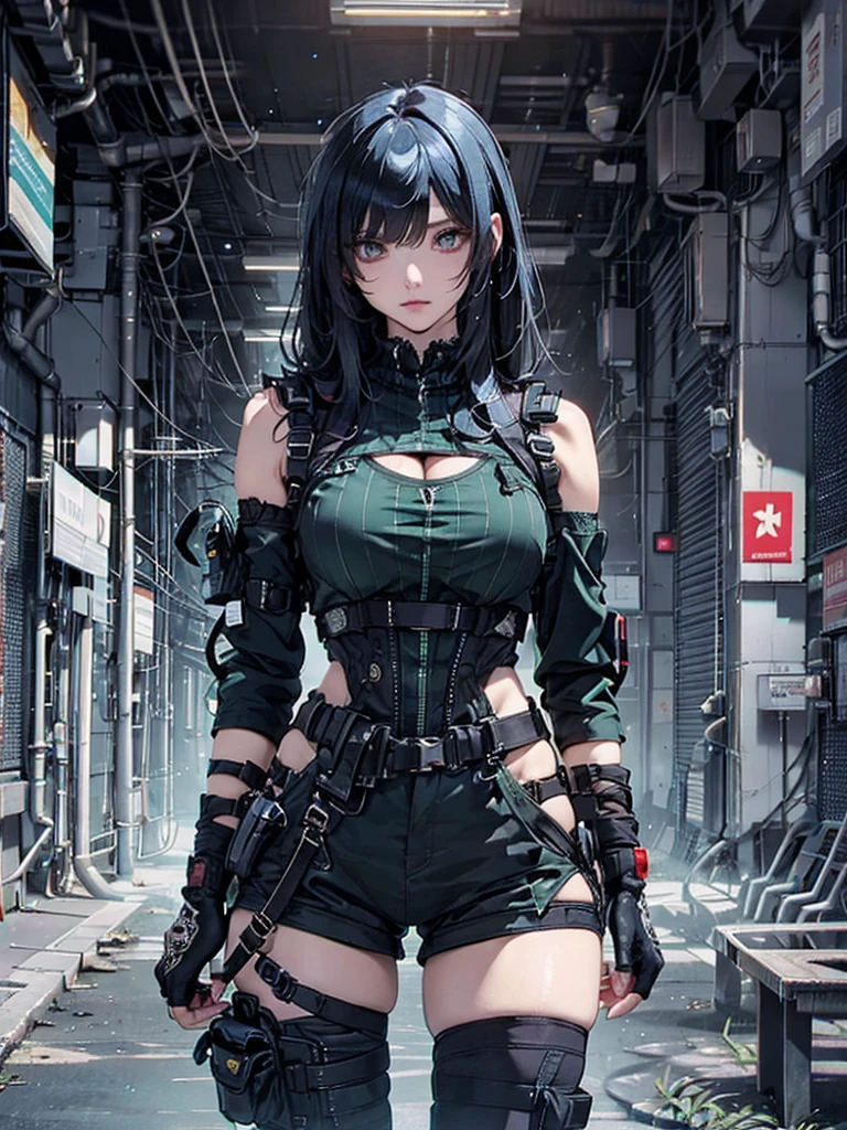 8k_wallpaper, extremely detailed eyes, extremely detailed body, (large masterpiece digital art), (detailed manga illustration), (detailed line art), ((perfect anatomy)), (intricate details:1.3), (ultra-detailed:1.3), (illustration:1.3), (sharp focus:1.3), (natural lighting:1.05), (vivid colors:1.3), (masterpiece), best quality, expressive eyes, perfect face, 1 girl, breasts, cleavage, gloves, huge breasts, cyberpunk clothes, black jacket, dark blue hair, very long hair, messy hair, green eyes, hourglass physique, alluring outfit, shorts, Fighting stance, Huge ass, Cyberworld,