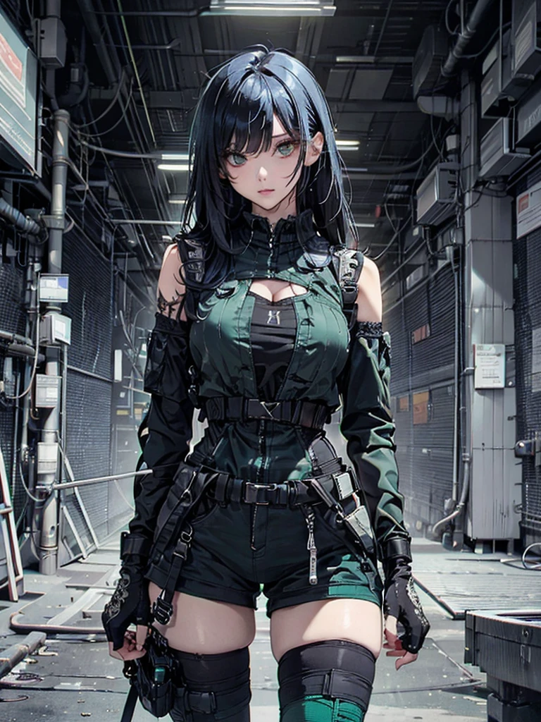 8k_wallpaper, extremely detailed eyes, extremely detailed body, (large masterpiece digital art), (detailed manga illustration), (detailed line art), ((perfect anatomy)), (intricate details:1.3), (ultra-detailed:1.3), (illustration:1.3), (sharp focus:1.3), (natural lighting:1.05), (vivid colors:1.3), (masterpiece), best quality, expressive eyes, perfect face, 1 girl, breasts, cleavage, gloves, huge breasts, cyberpunk clothes, black jacket, dark blue hair, very long hair, messy hair, green eyes, hourglass physique, alluring outfit, shorts, Fighting stance, Huge ass, Cyberworld,