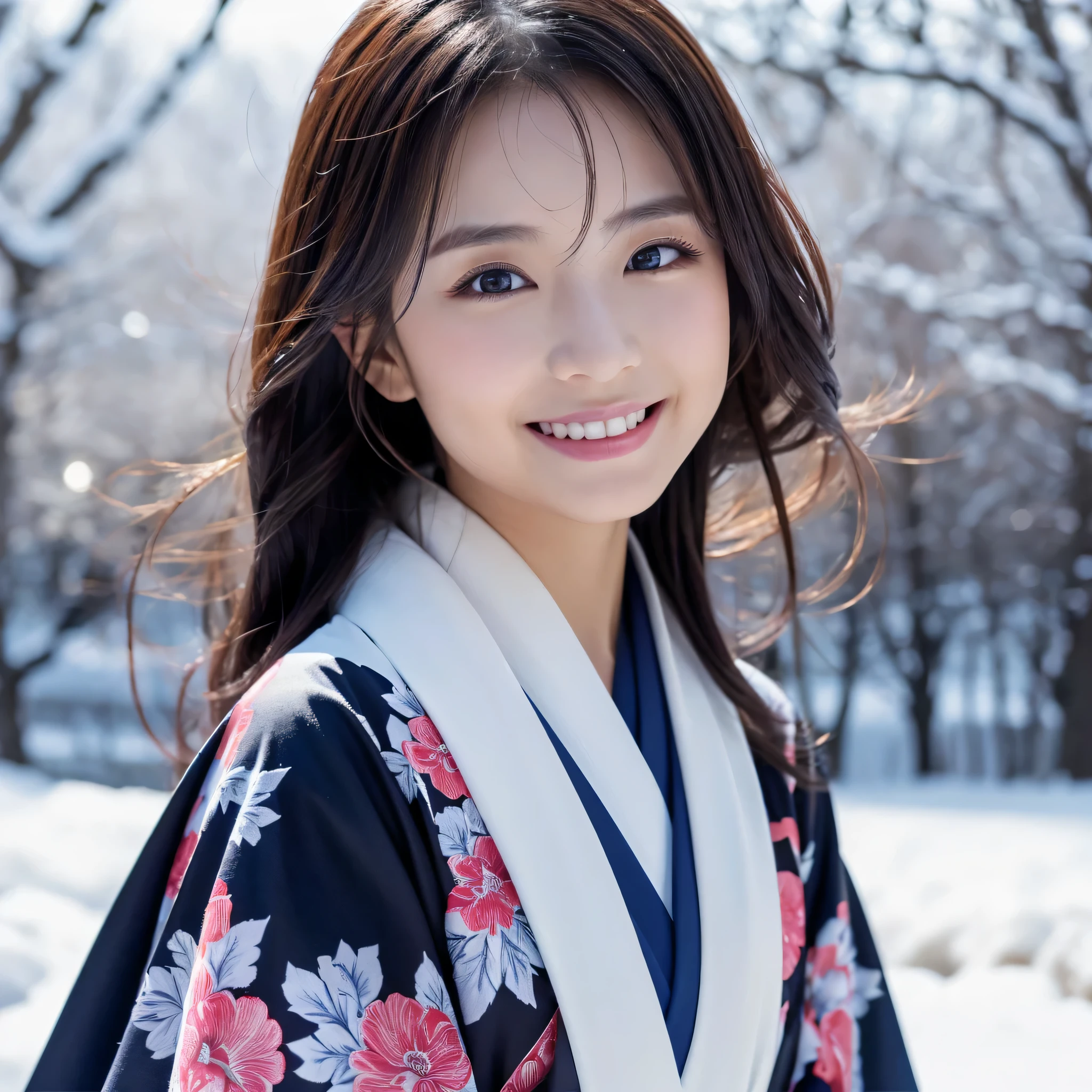 (Super beautiful woman in kimono)、((best qualtiy、8k masterpieces:1.3))、foco nítido:1.2、(ultra beautiful faces:1.0)、(shinny skin:1.0)、photos realistic、A dark-haired、Video Lighting、High-definition eyes and face、Video Lighting、Japanese actressl、from the front side、medium breasts、With a happy smile、Slender Abs Beauty、Whole body、wearing kimonos、In a snowy landscape in the middle of winter、highest grade obi