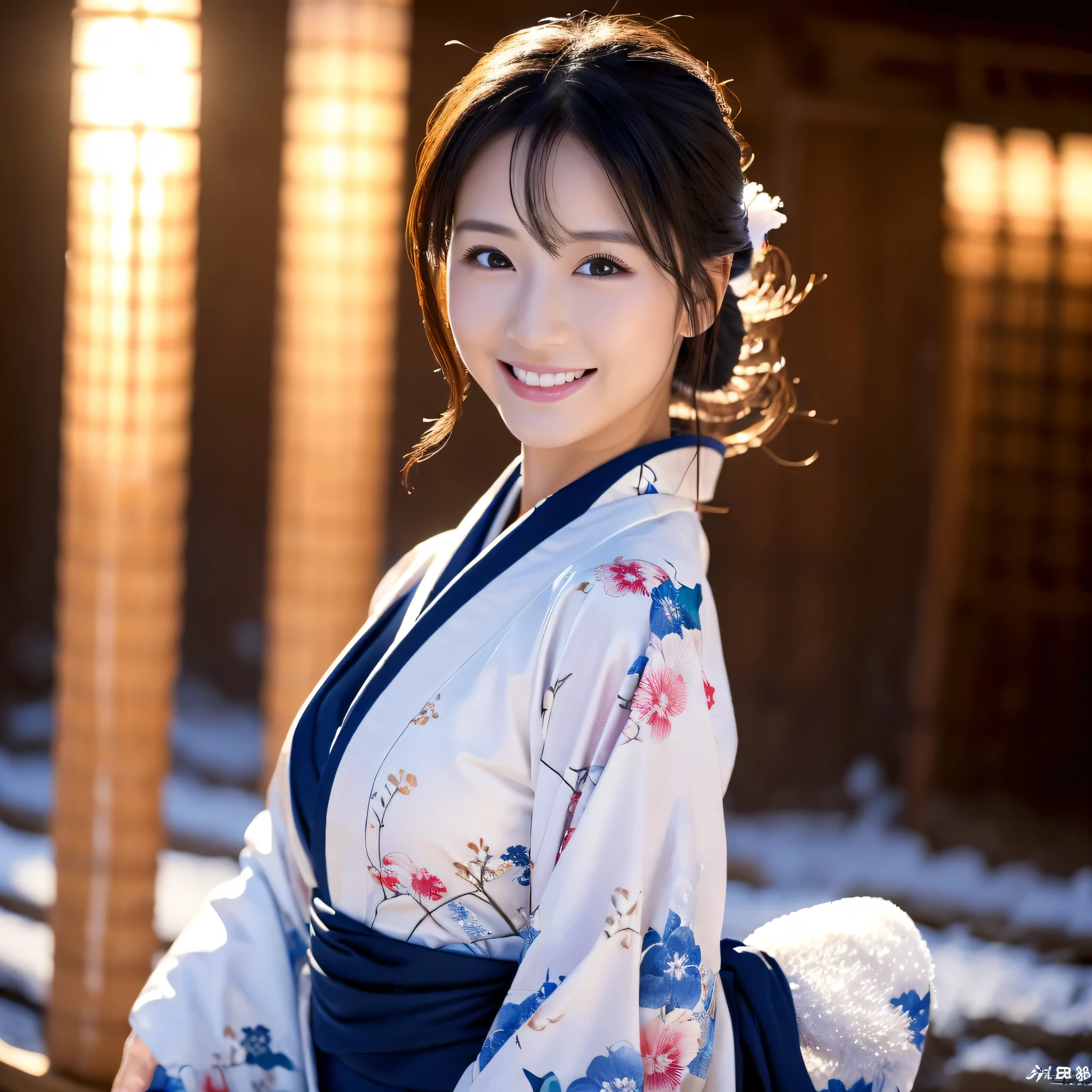 (Super beautiful woman in kimono)、((best qualtiy、8k masterpieces:1.3))、foco nítido:1.2、(ultra beautiful faces:1.0)、(shinny skin:1.0)、photos realistic、A dark-haired、Video Lighting、High-definition eyes and face、Video Lighting、Japanese actressl、from the front side、medium breasts、With a happy smile、Slender Abs Beauty、Whole body、wearing kimonos、In a snowy landscape in the middle of winter、highest grade obi
