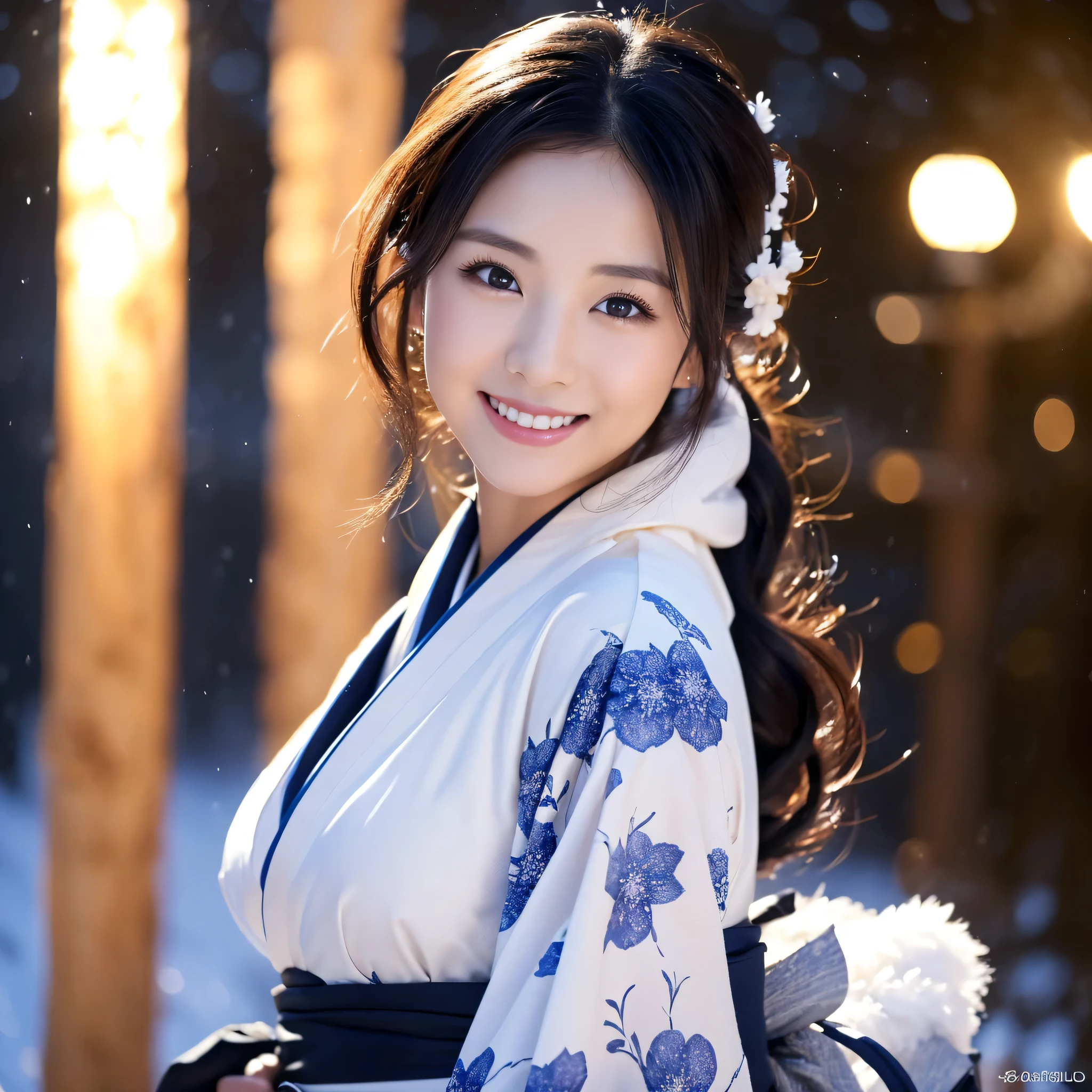 (Super beautiful woman in kimono)、((best qualtiy、8k masterpieces:1.3))、foco nítido:1.2、(ultra beautiful faces:1.0)、(shinny skin:1.0)、photos realistic、A dark-haired、Video Lighting、High-definition eyes and face、Video Lighting、Japanese actressl、from the front side、medium breasts、With a happy smile、Slender Abs Beauty、Whole body、wearing kimonos、In a snowy landscape in the middle of winter、highest grade obi