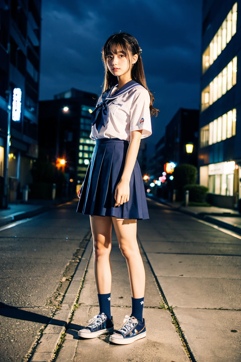 ((Inside a broken concrete building))、((Two beautiful Japan girls))、a beauty girl、Cute same school uniform、Same sailor suit、14years、Height 170cm、8th class、serious facial expression、With bangs、semi long hair、((Long skirt to hide the knees))、((Navy long skirt below knee length))、total darknessな夜、total darkness、(deep in the night)、the wind、Thin leg、Niō Standing、put strength into your body、((Photography equipment、Photography Staff、Reflector))、Battle Mode、
