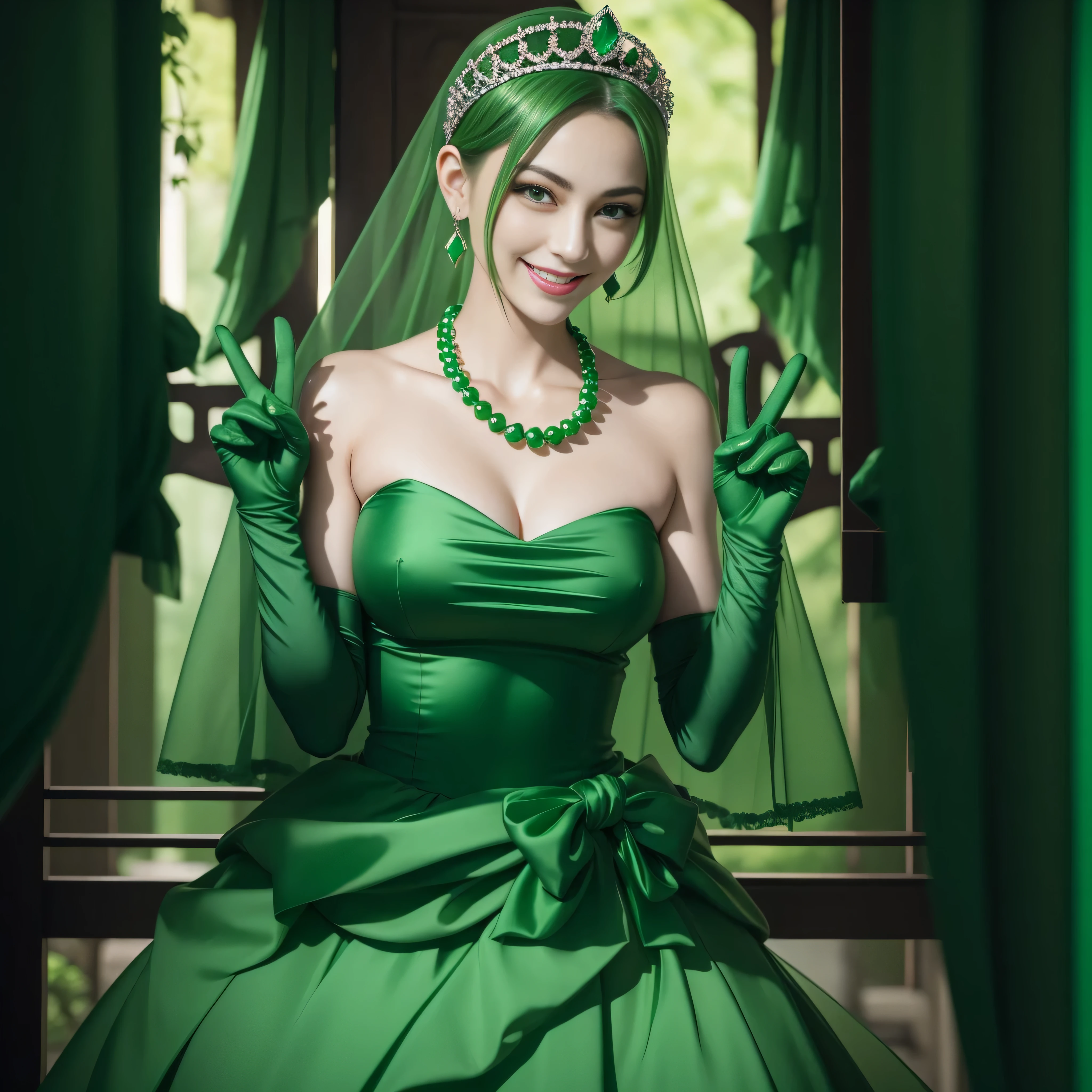 emerald tiara, Green Pearl Necklace, Boyish very short green hair, lipsticks, Japan woman smiling, very short short hair, big breasts beautiful, Green eyes, Long green gloves made of satin material, Green eyes, Emerald Earrings, green vale, v sign
