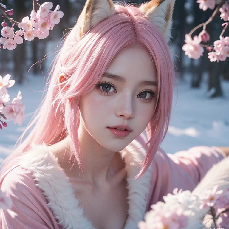 9 snow-white fox tails (1.0), Milky Foxtail (1.0), Close-up of a nine-tailed fox, Ninetail, Ninetail, japanes, Anime girl with pink hair and flowers in pink dress, very Beautiful anime fox girl, Beautiful anime fox girl, Beautiful fantasy live-action, guweiz, Anime girl with fox ears, Beautiful live-action girl, Very beautiful and cute fox girl, Rain of pink flowers, Background blur, anime style 4 k, Fantasy Artwork, 4k, live action artwork