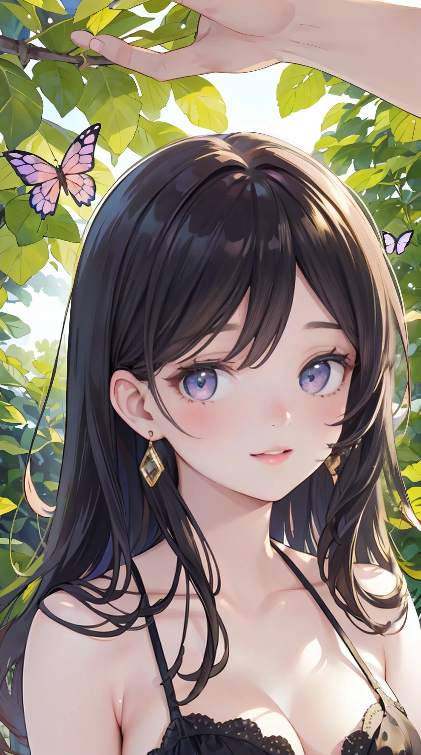 (best quality,4k,8k,highres,masterpiece:1.2),ultra-detailed,(realistic,photorealistic,photo-realistic:1.37),beautiful detailed eyes,beautiful detailed lips,extremely detailed eyes and face,longeyelashes,1girl,sexy,linda,garota,curly long black hair,golden earrings,revealing red dress,striking makeup,seductive smile,sensual pose,dreamy garden background with vibrant flowers,butterflies dancing around,sunlight falling through leaves,soft warm lighting,portrait,romantic,colorful,hdr