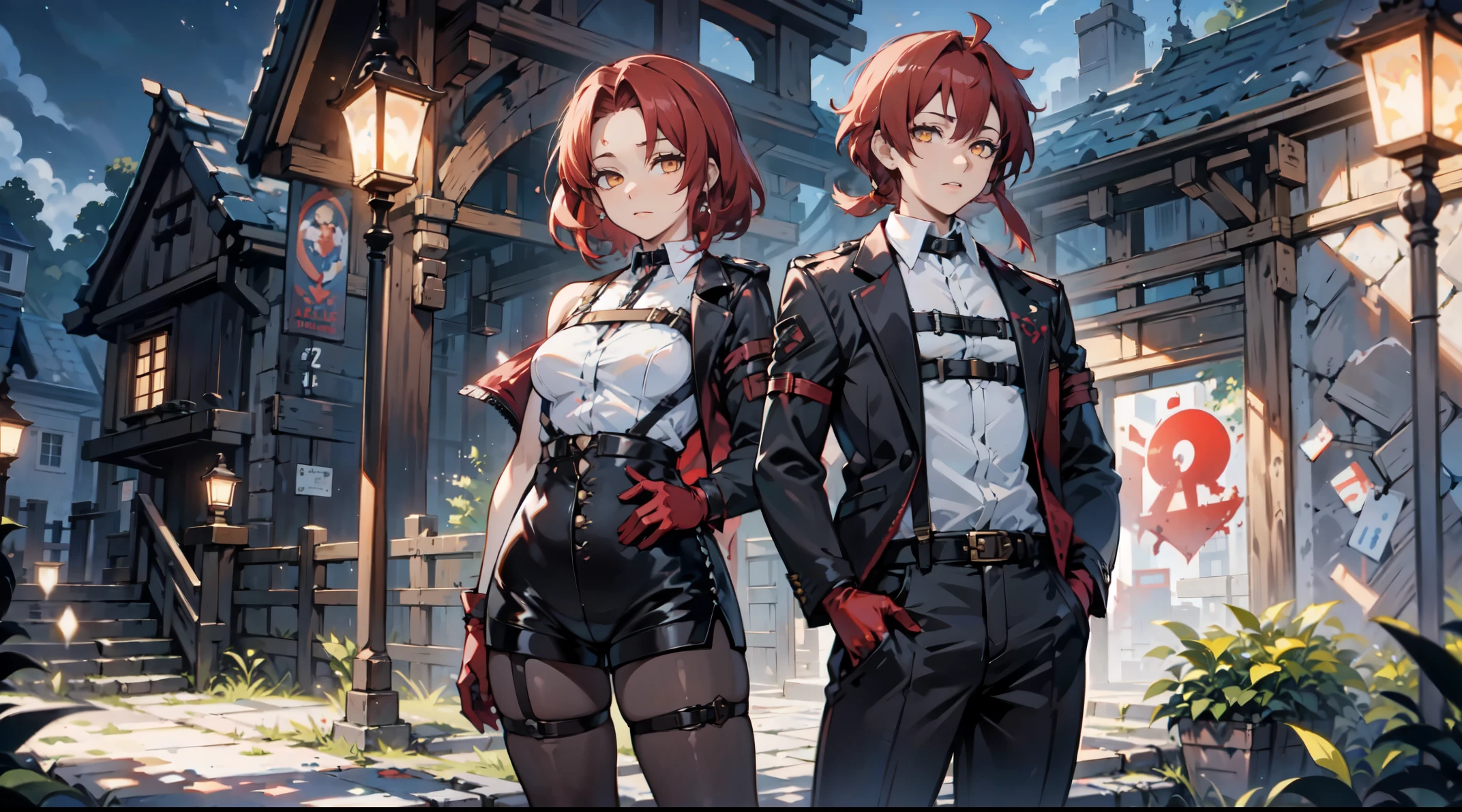 1girl, young woman, solo, short hair, Small hair, (forehead:1.2), yellow eyes, (scarlet red hair), Athletic, muscular, medium breasts, (cropped jacket, black jacket), white shirt, collared shirt, (chest harness, shoulder strap:1.15), black leather shorts, pantyhose 7/8, garter belt, gloves, elegant, looking at viewer, standing, night, masterpiece, best quality, 4k