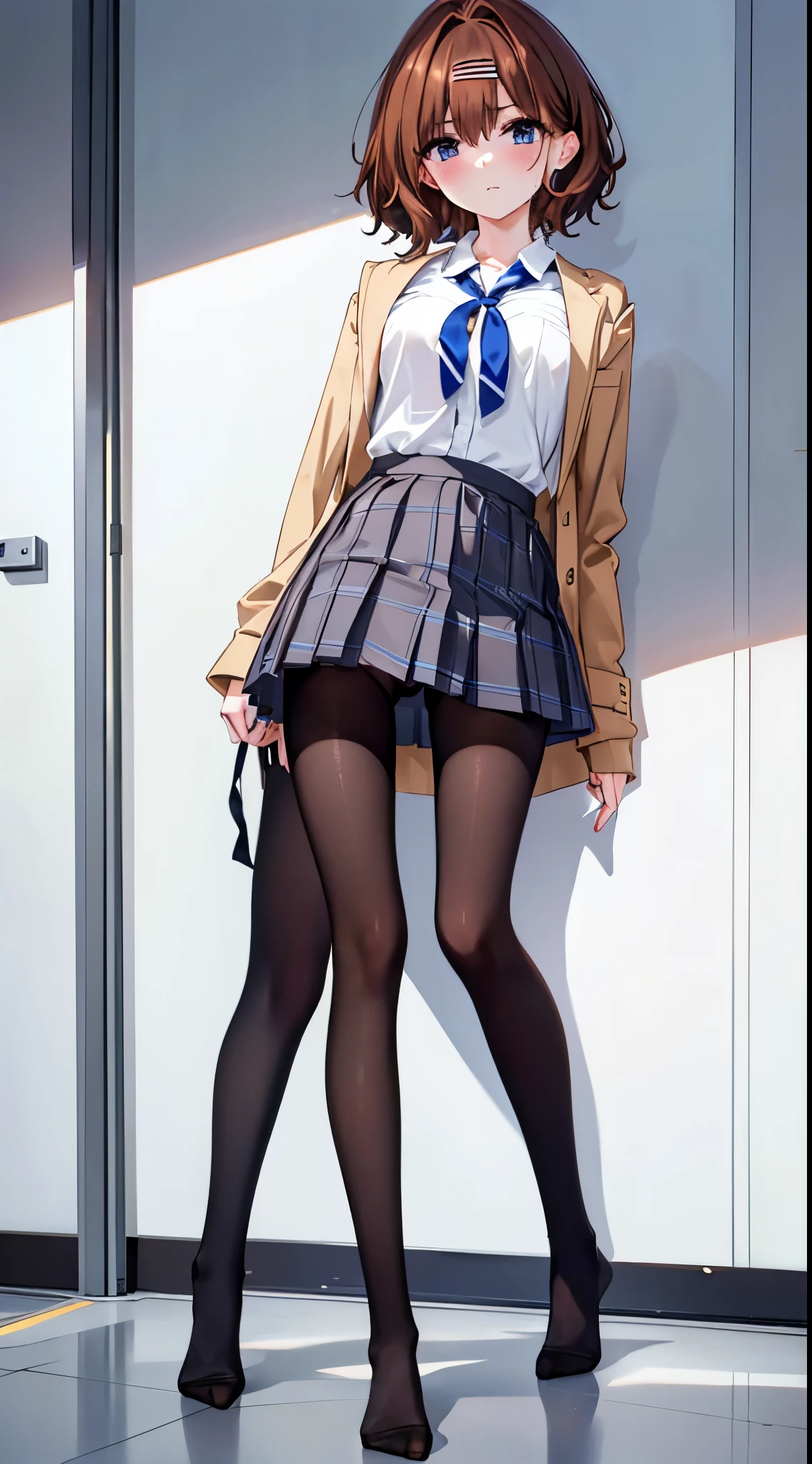 Finest, masterpiece, high definition, (full body), frontal, symmetrical, mature high school girl, solo, (full body from head to toe), small breasts, long hair, slightly messy hair, (black tights), ( (black pantyhose), black pantyhose, composition showing white panties, slender beautiful legs, a very beautiful -yeld gi(not wearing shoes) legs), blushing, shy big eyes, (short (brown hair)), (bangs), messy hair, (hair clip), looking at camera, showing white panties, white frilly lingerie, high school uniform blazer, high school uniform White blouse, high school uniform with blue ribbon, high school uniform with short plaid pattern and navy pleated skirt