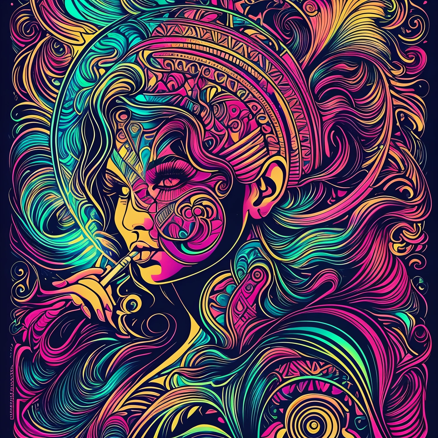 Una pintura de un esqueleto fumando un cigarrillo, Arte digital, por Dan Mumford, Ganador del concurso Behance, psychedelic artwork, vestido hecho de fuego, Paleta cian y naranja. vivid, Andrew Tate, su cabeza una calavera, Nubes ardientes, Mujer hecha de llamas negras, Popular en Behance, Fractal Loco, Retrato del profesor siniestro, Futuro azul brillante, Icon of an AI application --auto --s2