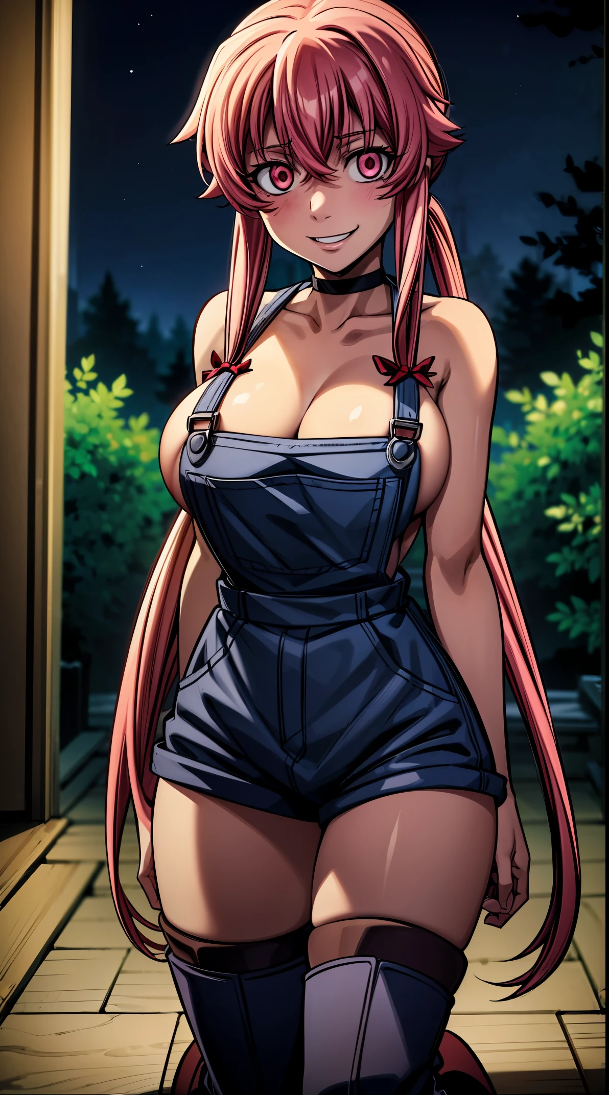 anime_still, masterpiece, best quality, 1girl, Gasai Yuno, long hair, pink hair, low twintails, smile, naked, red eyes, (large breasts:1.5),1girl, black choker, dark grey, (overalls:1.25), leather gloves, black boots, ((nigth:1.5)), (chasing you through the woods BY yuno gasai), moonlight, blood on floor, horror scane, (evil smile:1.4), (evil eyes:1.6), (horror_movies:1.5), (woods:1.6),(dark:1.7), (out_boors)