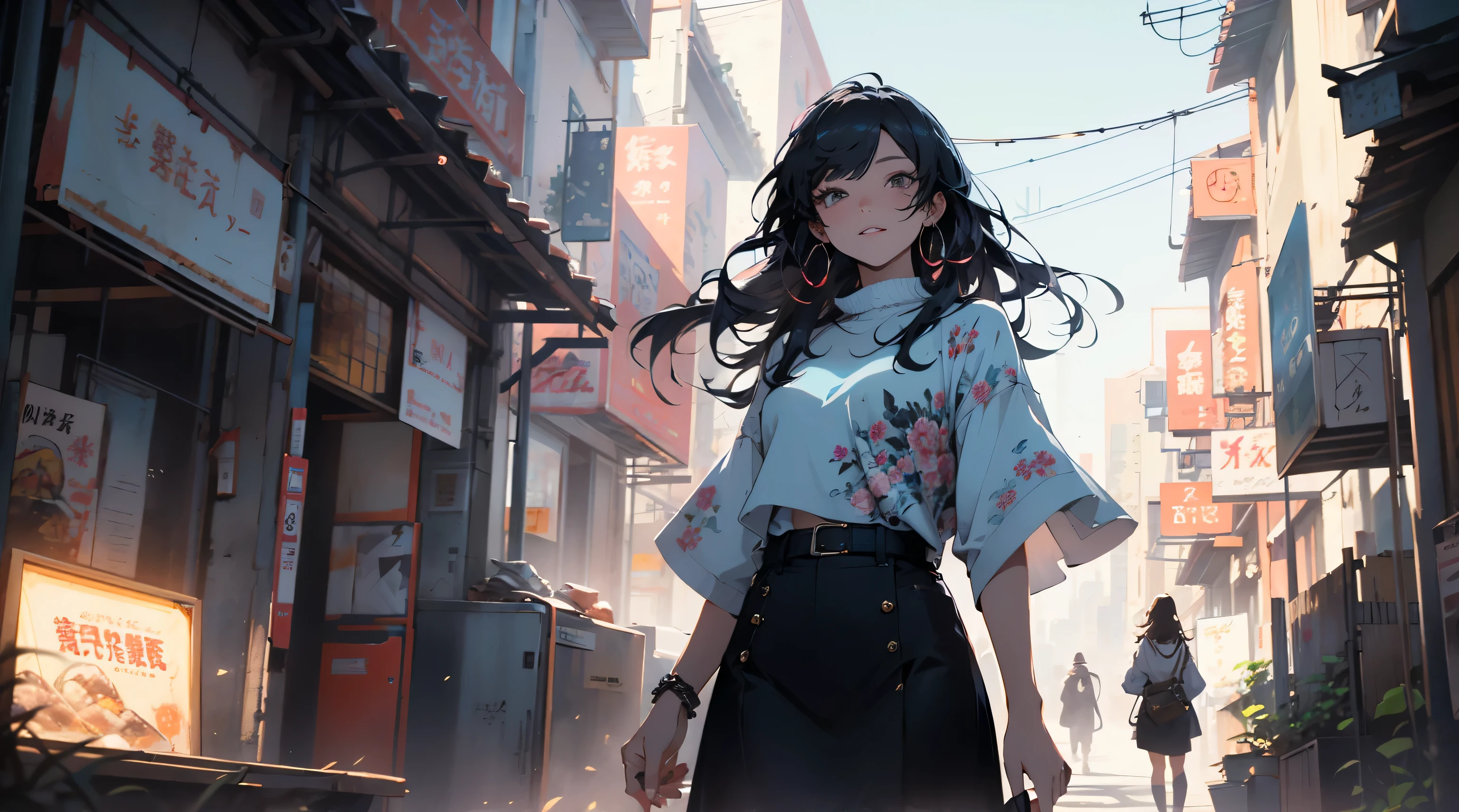 (best quality:0.8), perfect anime illustration, extreme closeup portrait, pretty woman walking through the city, vibrant colors, soft lighting, flowing hair, stylish outfit, confident expression, urban background, bustling atmosphere, dynamic pose
