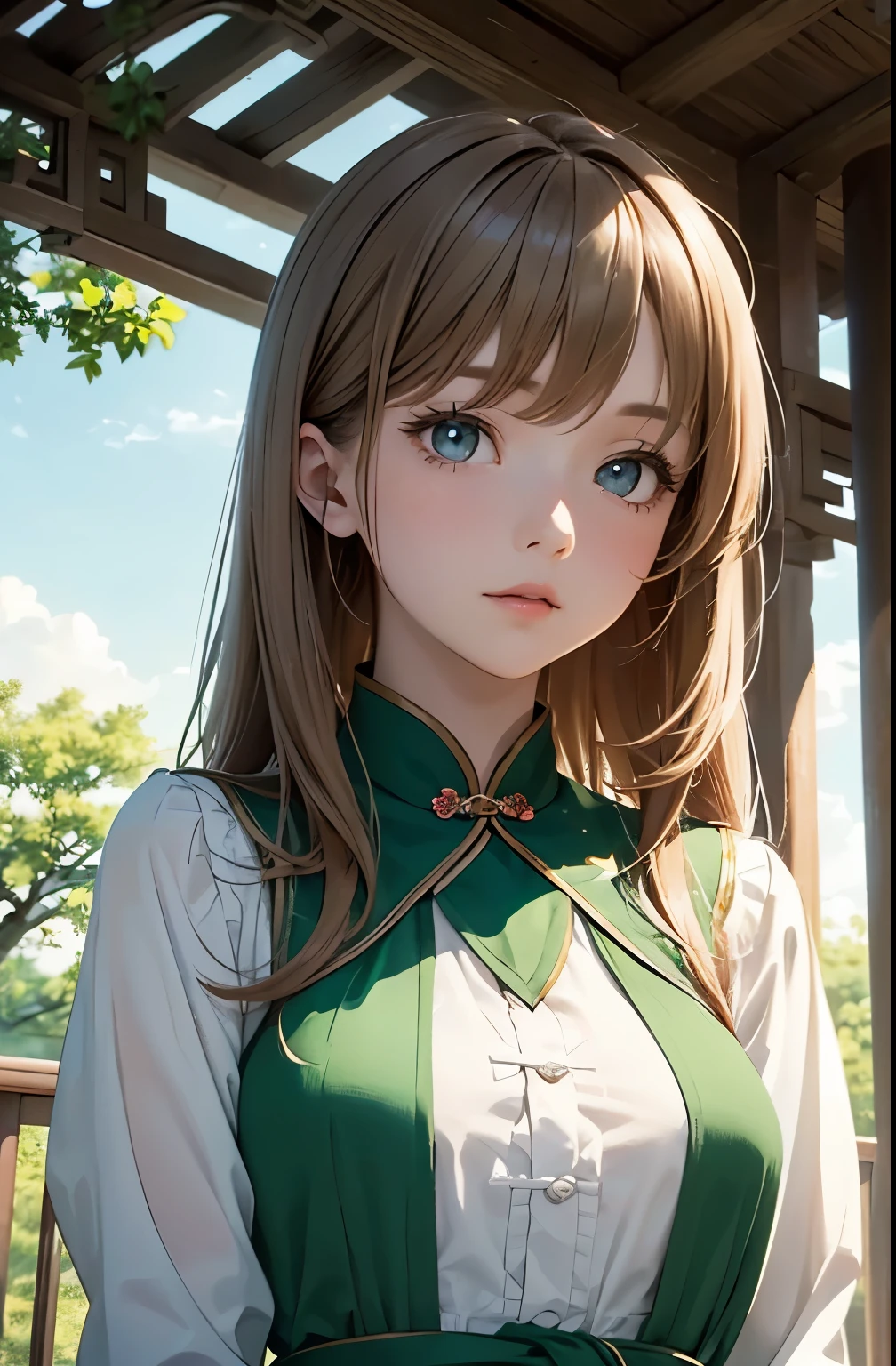 (Close-up of the painting style,Ultra HD 8K,Masterpiece grade CG wallpaper),Cinematic lighting,cute girly,Delicate and beautiful face,Dreamy pupils,Wearing a small floral blouse,bound waist,Green shawl,Bust poem,Sit,Cloudy background,the trees,florals,夏天,Chinese style buildings。
