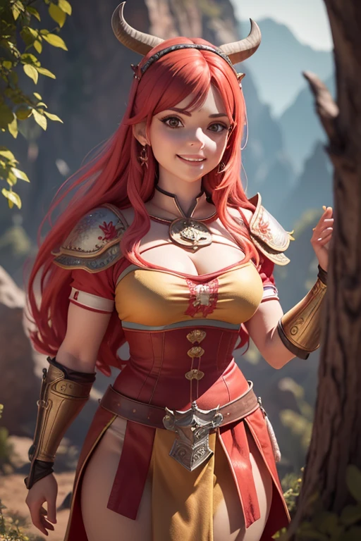 Beautiful female head viking, pelo rojo, disfraz de guerrera vikinga, en globo de nieve, sonrisa suave, Lindo retrato de cuerpo entero, figura esbelta de pie, Personaje de dibujos animados, personaje de pixar, medieval, Renderizado 3D, symatic lighting, Trazado de rayos. Rojo crujiente, luz radiante, bosque misteriosa, (la mejor calidad, 8k, high resolusion, tmasterpiece:1.2), caprichoso.