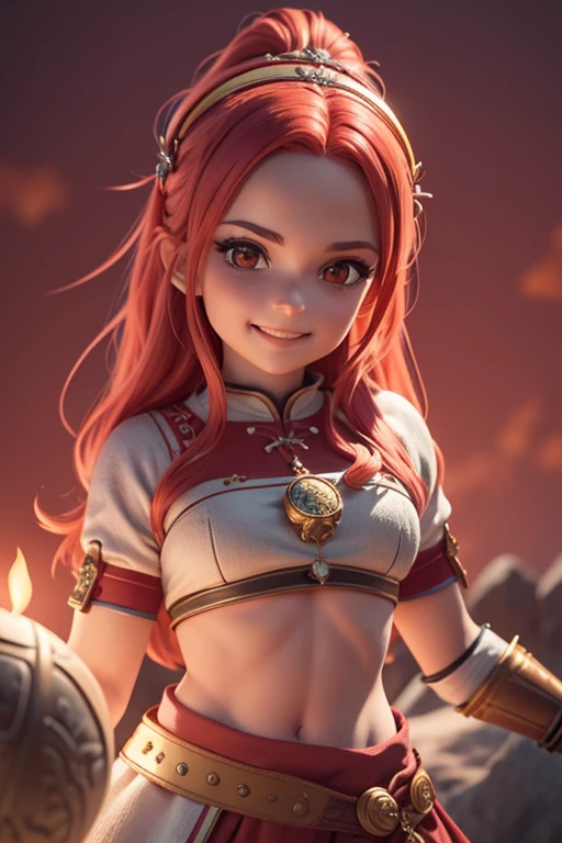 Beautiful female head viking, pelo rojo, disfraz de guerrera vikinga, en globo de nieve, sonrisa suave, Lindo retrato de cuerpo entero, figura esbelta de pie, Personaje de dibujos animados, personaje de pixar, medieval, Renderizado 3D, symatic lighting, Trazado de rayos. Rojo crujiente, luz radiante, bosque misteriosa, (la mejor calidad, 8k, high resolusion, tmasterpiece:1.2), caprichoso.