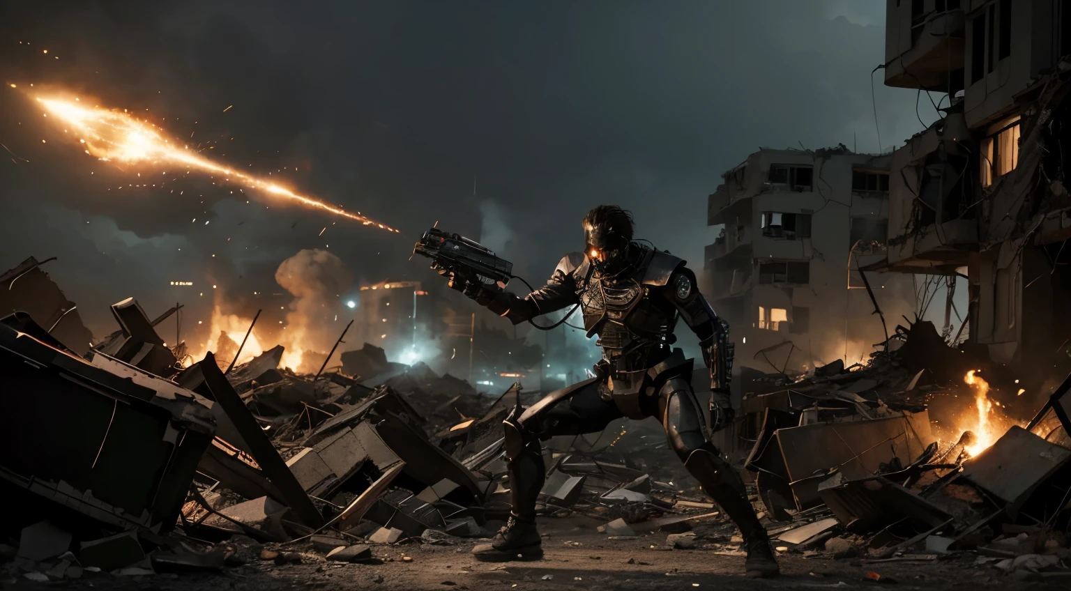 Generate an image capturing the climactic moment of a battle in the post-apocalyptic aftermath, where the futuristic hero dominates the atomic skeletal villain. The Hero, with a given expression, libera um poderoso, Technologically advanced attack that outwits the villain. Show dynamic energy effects emanating from the hero's futuristic weapon, piercing the villain's defenses. the villain, in a desperate and dilapidated state, reacts with chaotic atomic energy. Illustrate the intensity of the hero's triumph amidst destruction, com detritos voando, and the environment witnessing the conclusive defeat of the menacing skeletal adversary. Highlight the contrasting elements of advanced technology and dark magic in this epic showdown.