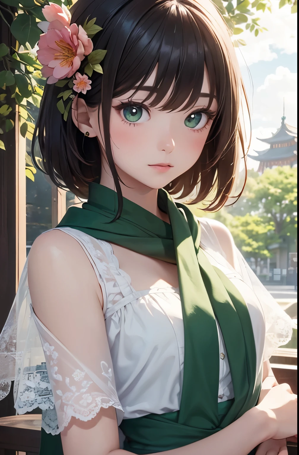 (Close-up of the painting style，Ultra HD 8K，Masterpiece grade CG wallpaper)，Cinematic lighting，cute girly，Delicate and beautiful face，Dreamy pupils，Wearing a small floral blouse，bound waist,Green shawl,Bust poem,Sit，Cloudy background,the trees,florals,夏天,Chinese style buildings。