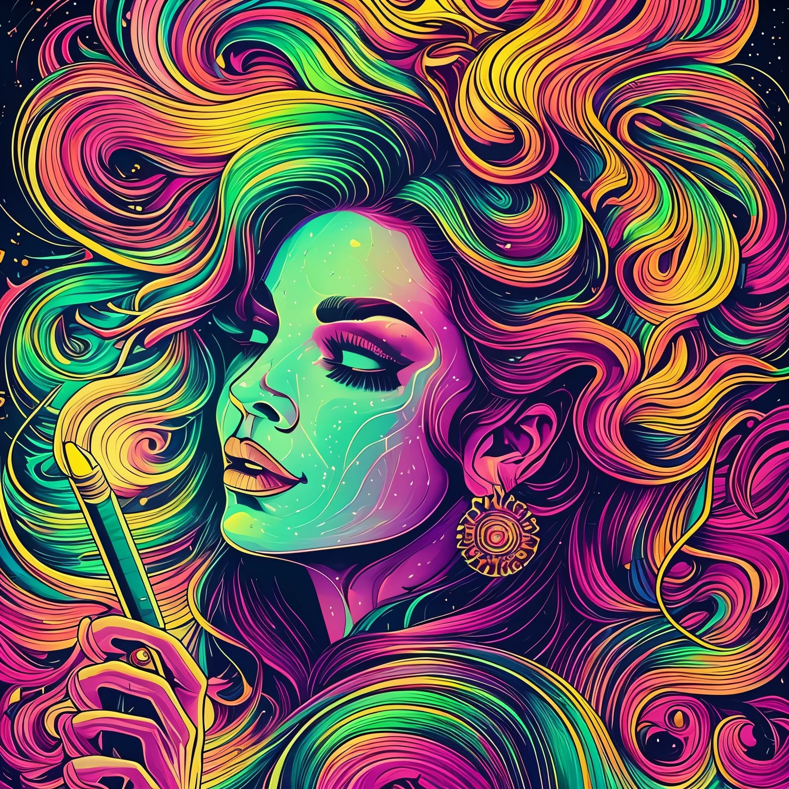 Una pintura de un esqueleto fumando un cigarrillo, Arte digital, por Dan Mumford, Ganador del concurso Behance, psychedelic artwork, vestido hecho de fuego, Paleta cian y naranja. vivid, Andrew Tate, su cabeza una calavera, Nubes ardientes, Mujer hecha de llamas negras, Popular en Behance, Fractal Loco, Retrato del profesor siniestro, Futuro azul brillante, Icon of an AI application --auto --s2