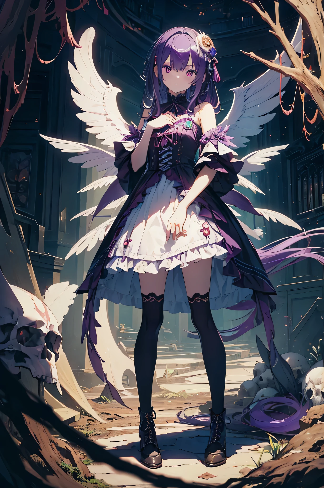 (masutepiece, Absurd quality, Best Quality, Official art, Beautiful and aesthetic:1.2), (1 little girl:1.4), ighly detailed, (Fractal Art:1.3), Colorful, highest details, Vivid Color, From above, Angel, albino, baby-face, Hugging the skull, Dark light, Fluffy white ruffled dress, White lace up short boots, fluffy Angel wings, Purple long hair, Beautiful detailed red eyes, glare at viewer, Lots of skulls,Full body,((upper body)),((Purple hair)),