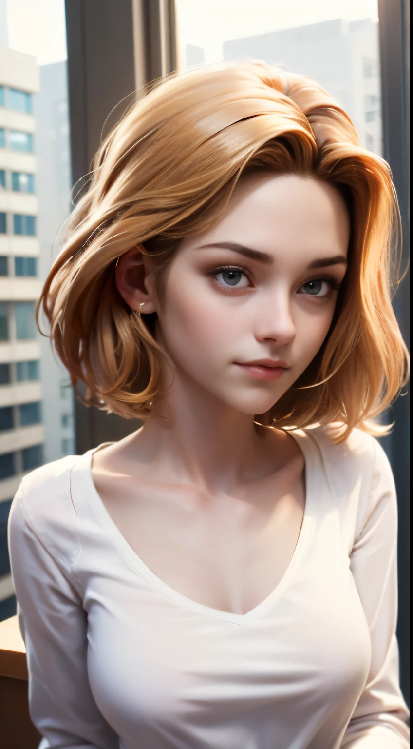 photo of Kristen Stewart, RAW, beautiful woman, ((portrait)), ((detailed face:1.2)), ((detailed facial feature, detailed skin, clear skin), (perfect proportioned body, average size breasts), (wearing a tight long sleeve v-neck shirt) (high detailed city environment, apartment balcony), (realistic photo, best quality, detailed), (8k wallpaper), (cinematic lighting, dramatic lighting) (sharp focus, intricate)