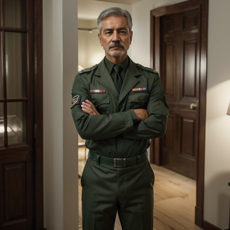 Brazilian Man,Defense Minister,61 years old,gray hair,White skin,Chevron style mustache,dark green military suit,,standing pose,Crossed arms,In an army battalion,confident expression,(best quality,4k,8k,highres,masterpiece:1.2),ultra-detailed,(realistic,photorealistic,photo-realistic:1.37),HDR,UHD,studio lighting,professionally lit,vivid colors,sharp focus,physically-based rendering,extreme detail description,portraits,color grading with warm tones,strong backlighting.