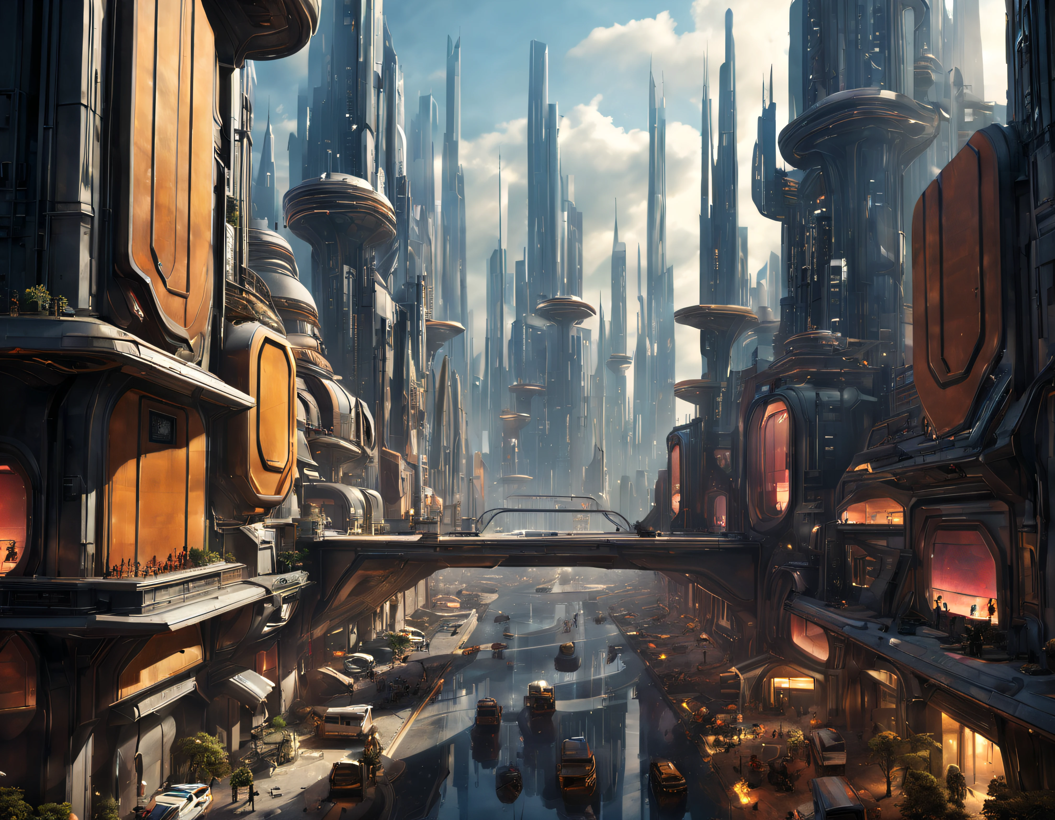 (The city of Coruscant from Star Wars as designed by Doug Chiang), futuristic fantasy city with immense buildings of technological design (que forman una avenida infinita), edificios compactor no difuminados con aspecto metalico, luces en ventanas en edificios, iluminacion diurna con sol, con estructuras acristaladas espectaculares, (con colores vivos). pavimento ensolado (sin brillo). gente paseando. imagen bien definida con muchos edificios juntos. imagen nitida bien definida 8k. los edificios llegan alta el fondo.,8k. imagen cinematografica