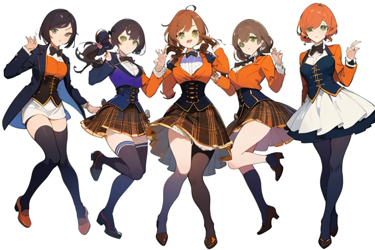 (((Best Quality))) , ((full body)), female, multiple views, white background, variety of hairstyles, seductive pose, cropped blazer, mini skirt, blue, orange, green, violet, brown, white, corset,