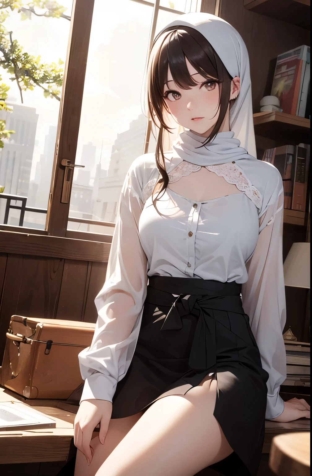 (Close-up of the painting style,Ultra HD 8K,Masterpiece grade CG wallpaper),Cinematic lighting,cute girly,Delicate and beautiful face,Dreamy pupils,Wearing a small floral blouse,bound waist,hijabi,Bust poem,Sit,Cloudy background,the trees,florals,夏天,Chinese style buildings。