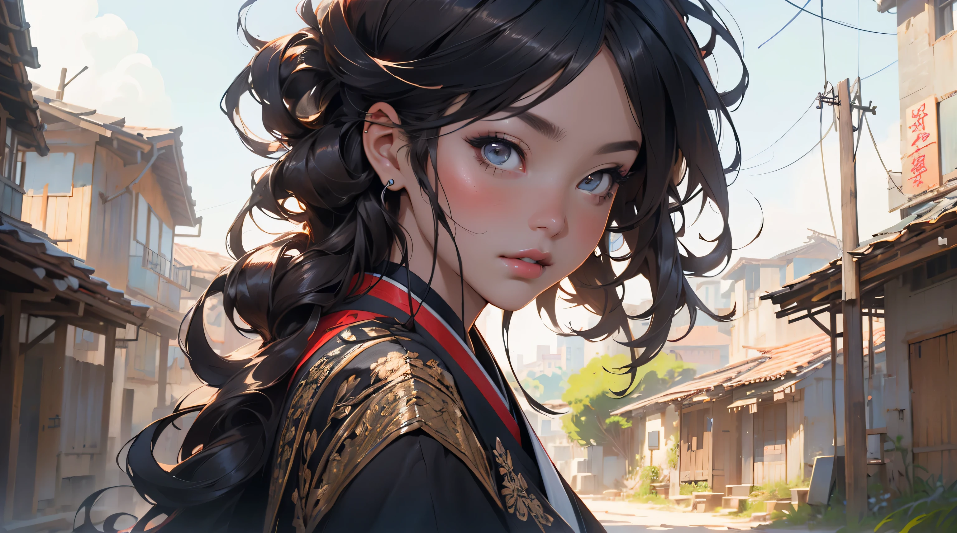 (best quality,ultra-detailed,realistic:1.37), girl, oriental detailed background, oriental cityscape, steampunk, miko