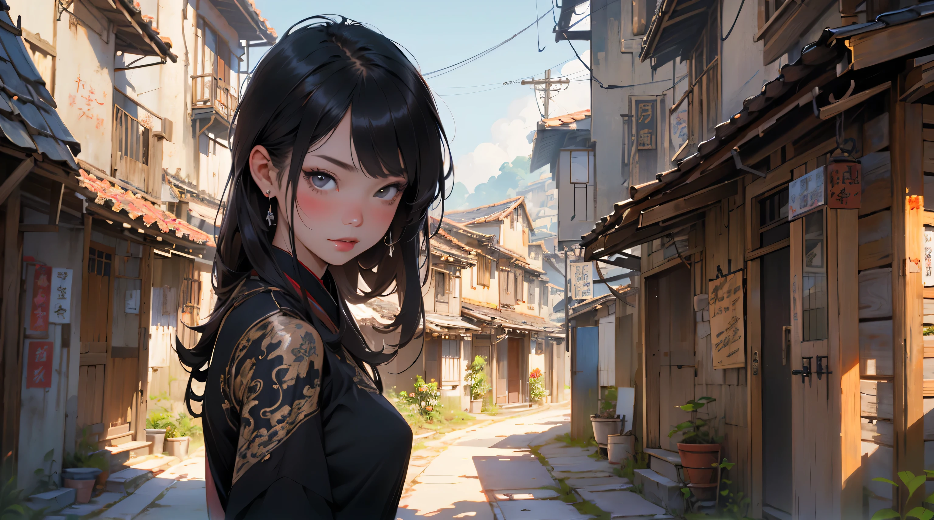 (best quality,ultra-detailed,realistic:1.37), girl, oriental detailed background, oriental cityscape, steampunk, miko