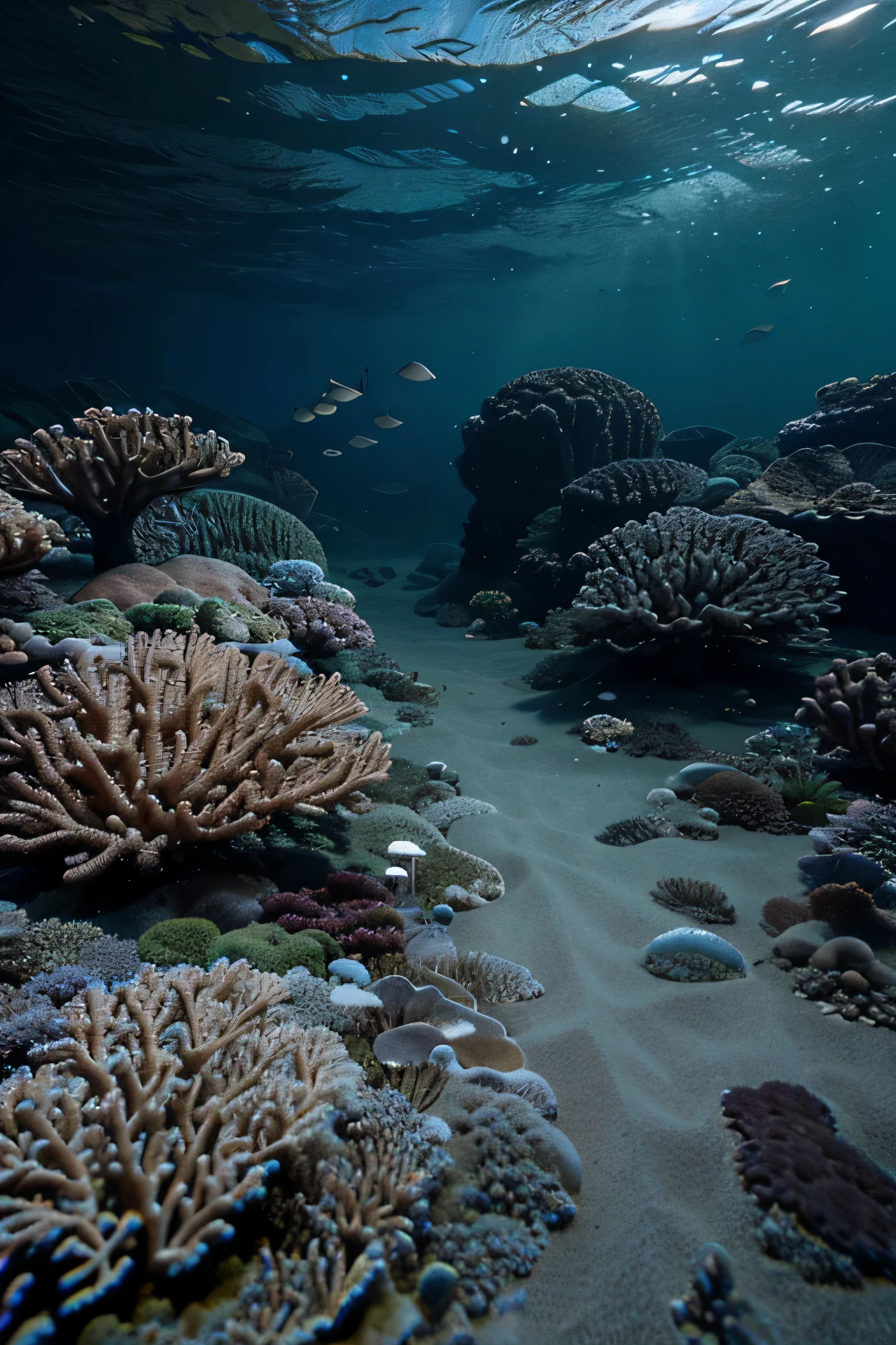 uma imagem do fundo do mar, with different types of fish, Corais, alga, High definition, altamente detalhado, Realistic