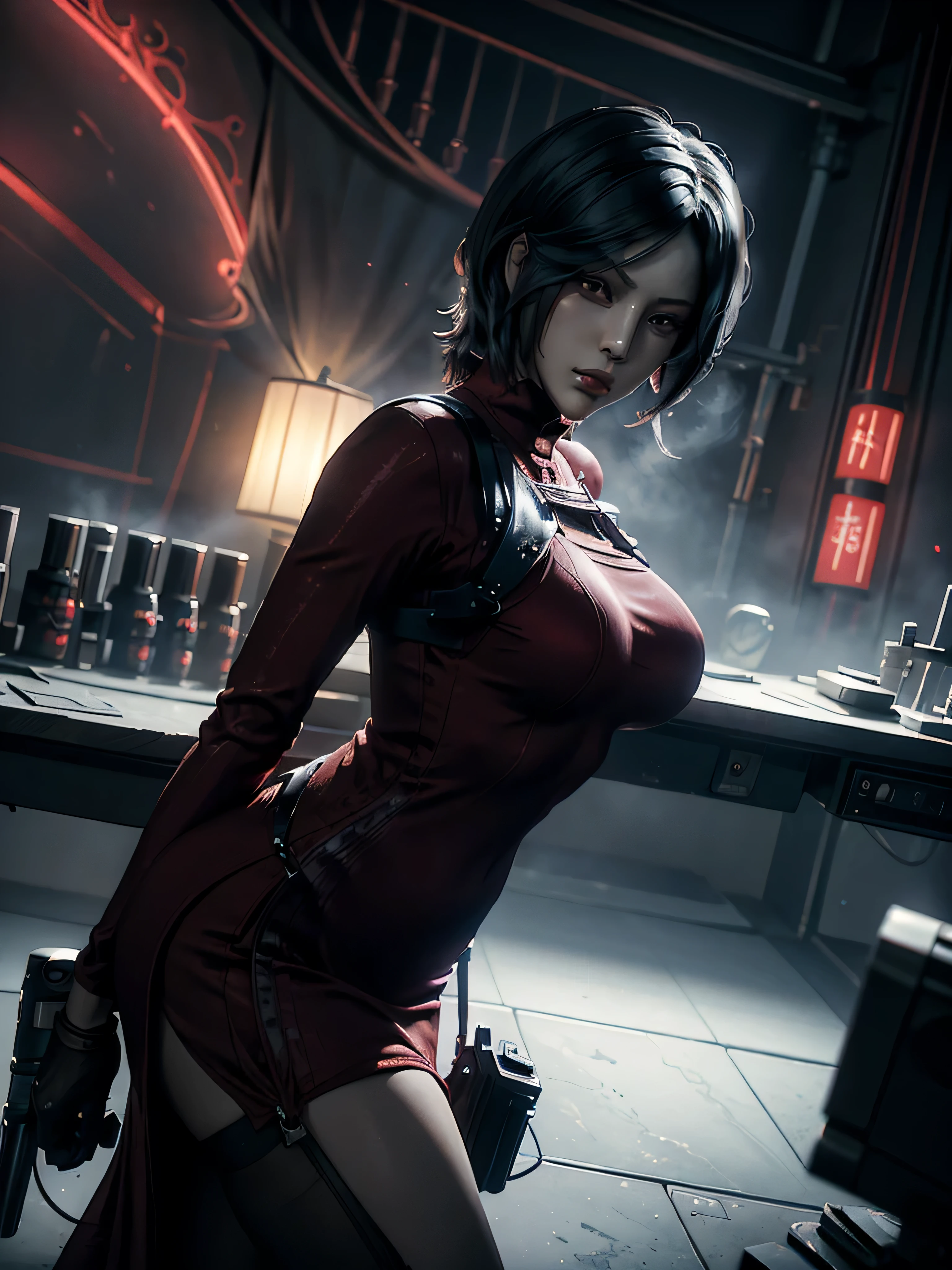 Arti modern anime. angled view, heroic pose, face closeup portrait of stunningly beautiful (Ada Wong from Resident Evil:1.2) heroic brave lady, slim body, (highly ornamented and detailed red silk long dress:1.2), red high heels, depth of field blur effect, night, full zoom, action portrait, photorealistic. cinematic lighting, highly detailed. best quality, 4k, Better hand, perfect anatomy, foreshortening effects, coy flirty sexy focused expression, Chinese, (in a high tech science lab building:1.3) (white interior clinical:1.2) (alone:2) (cautious:1.2) (dark night time:1.5)