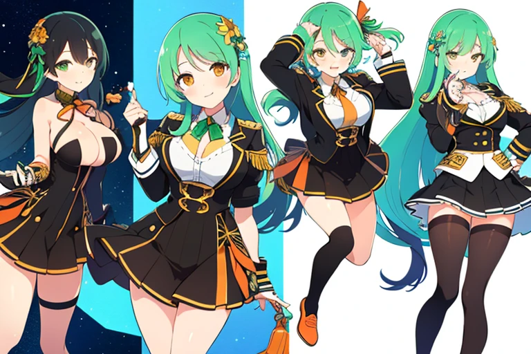 (((Best Quality))) , ((full body)), female, multiple views, white background, variety of hairstyles, seductive pose, cropped blazer, mini skirt, blue, orange, green, violet, brown, white, Mess dress uniform,