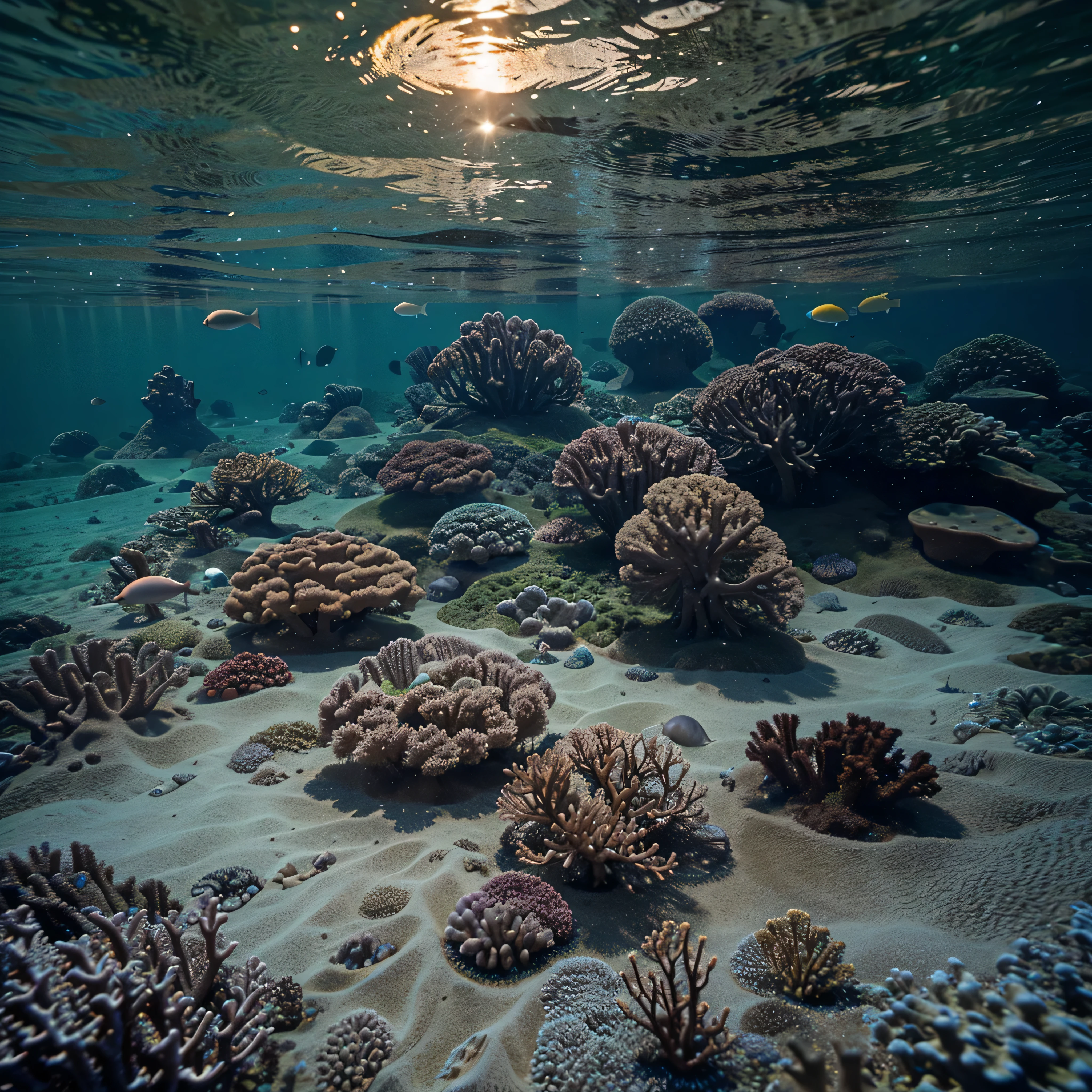 uma imagem do fundo do mar, with different types of fish, Corais, alga, High definition, altamente detalhado, Realistic