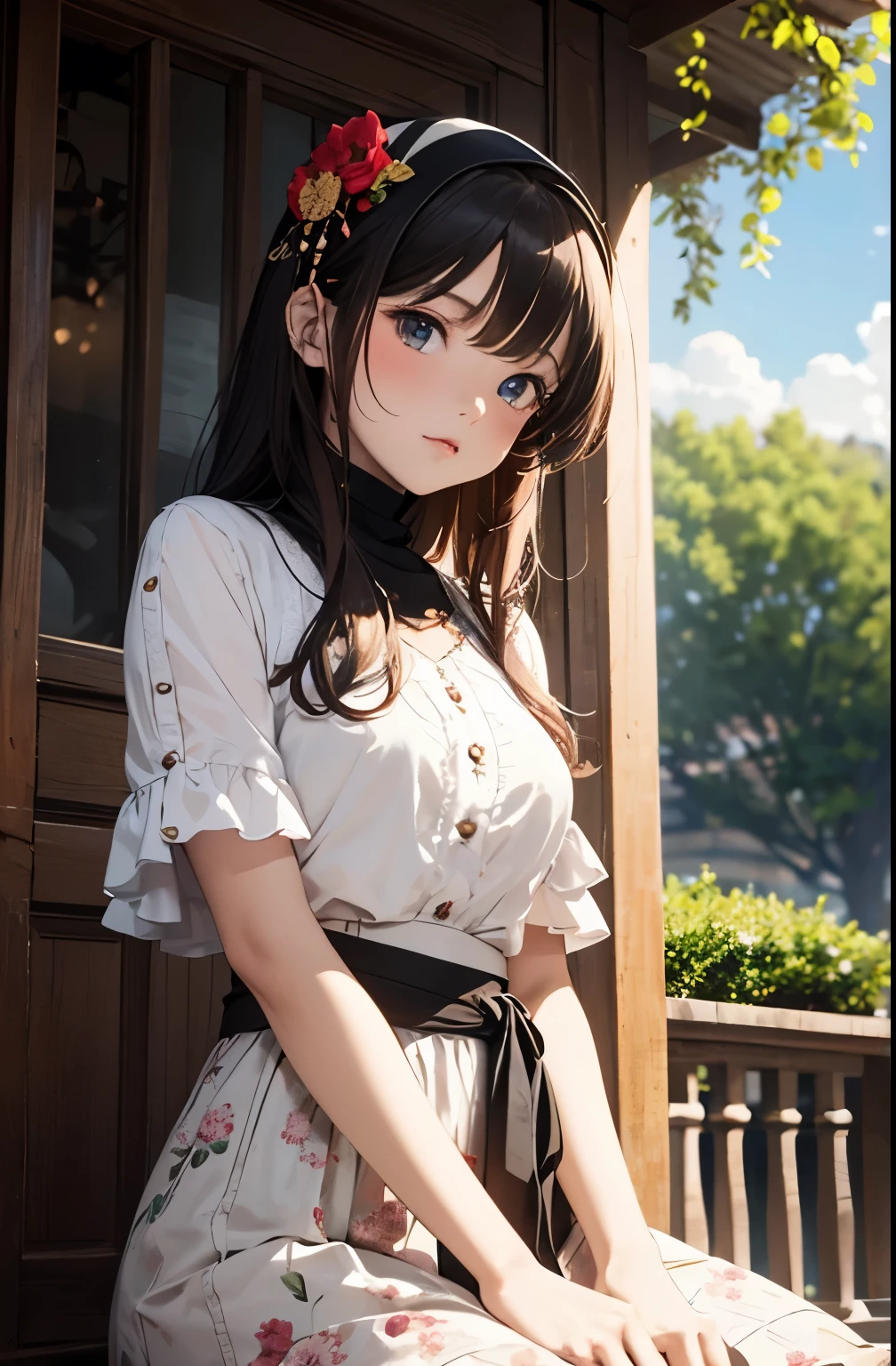 (Close-up of the painting style,Ultra HD 8K,Masterpiece grade CG wallpaper),Cinematic lighting,cute girly,Delicate and beautiful face,Dreamy pupils,Wearing a small floral blouse,bound waist,hijabi,Bust poem,Sit,Cloudy background,the trees,florals,夏天,Chinese style buildings。