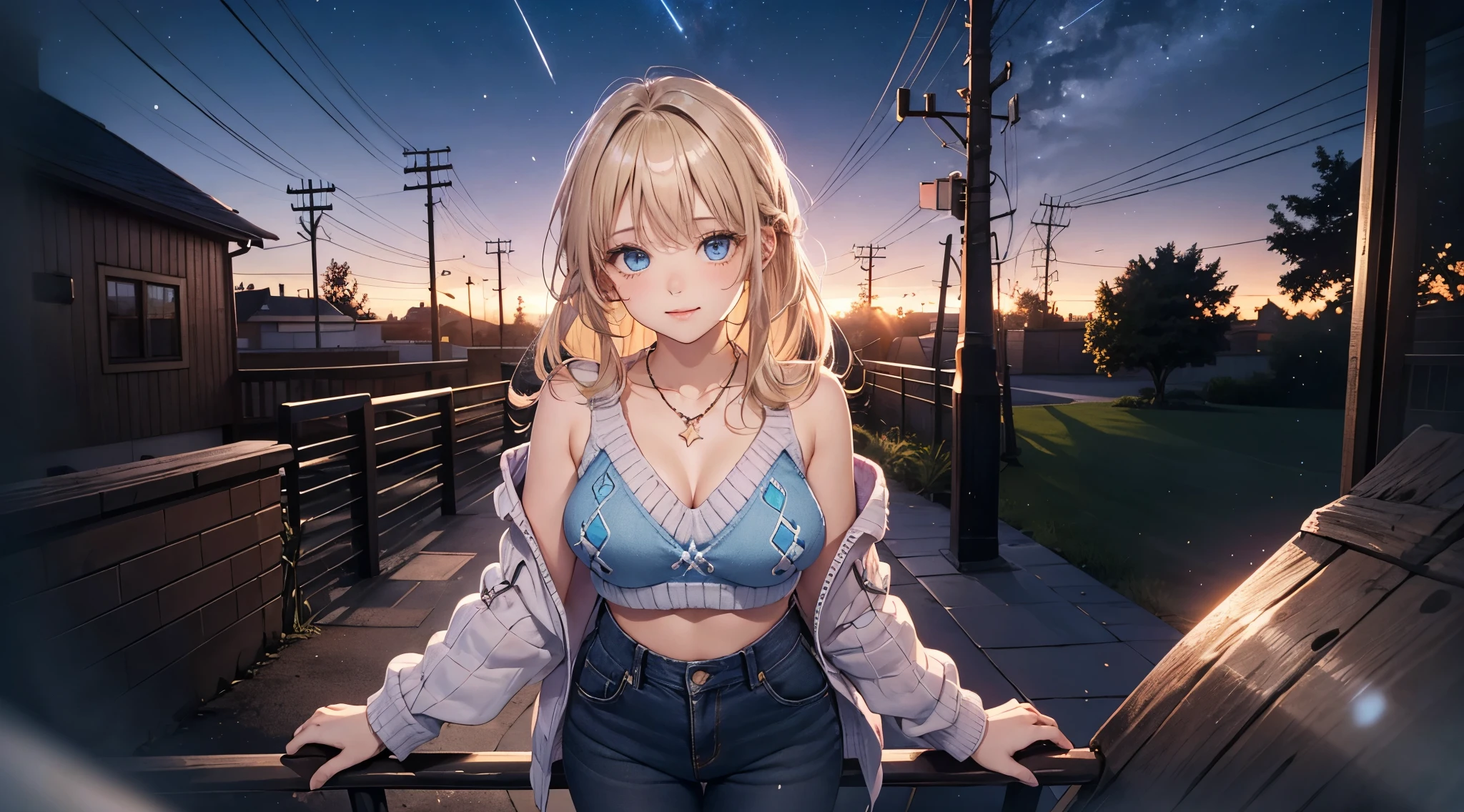 fullnude, Full length image of a girl, absurderes, ultra-detailliert,bright colour,(At 8K:1.3),masuter piece,extremely beautiful detailed face and eyes, veryskimpy clothes, full-length photo of a girl,(Deep Blue Eyes:1.2),(Loose Size Pink Argyle Knit:1.4),(Short denim:1.2),Cute smile、Synchrosis Necklace、Stylish bracelets,Inside the boutique,(Full body:1.2) X-Hair,Aurora、city light、constellation、Crescent,intergalactic,lamp post, Particles of light, milkyway, natta, nigh sky, outside of house, planetes, Power lines, shooting stars, Skysky, Skyscraper, 独奏、Stargazing,Star_\(skyporn\)、starrysky、Winters、(Smooth straight blonde hair:1.3), (Shiny hair:1.2), Delicate beautiful face, red blush、