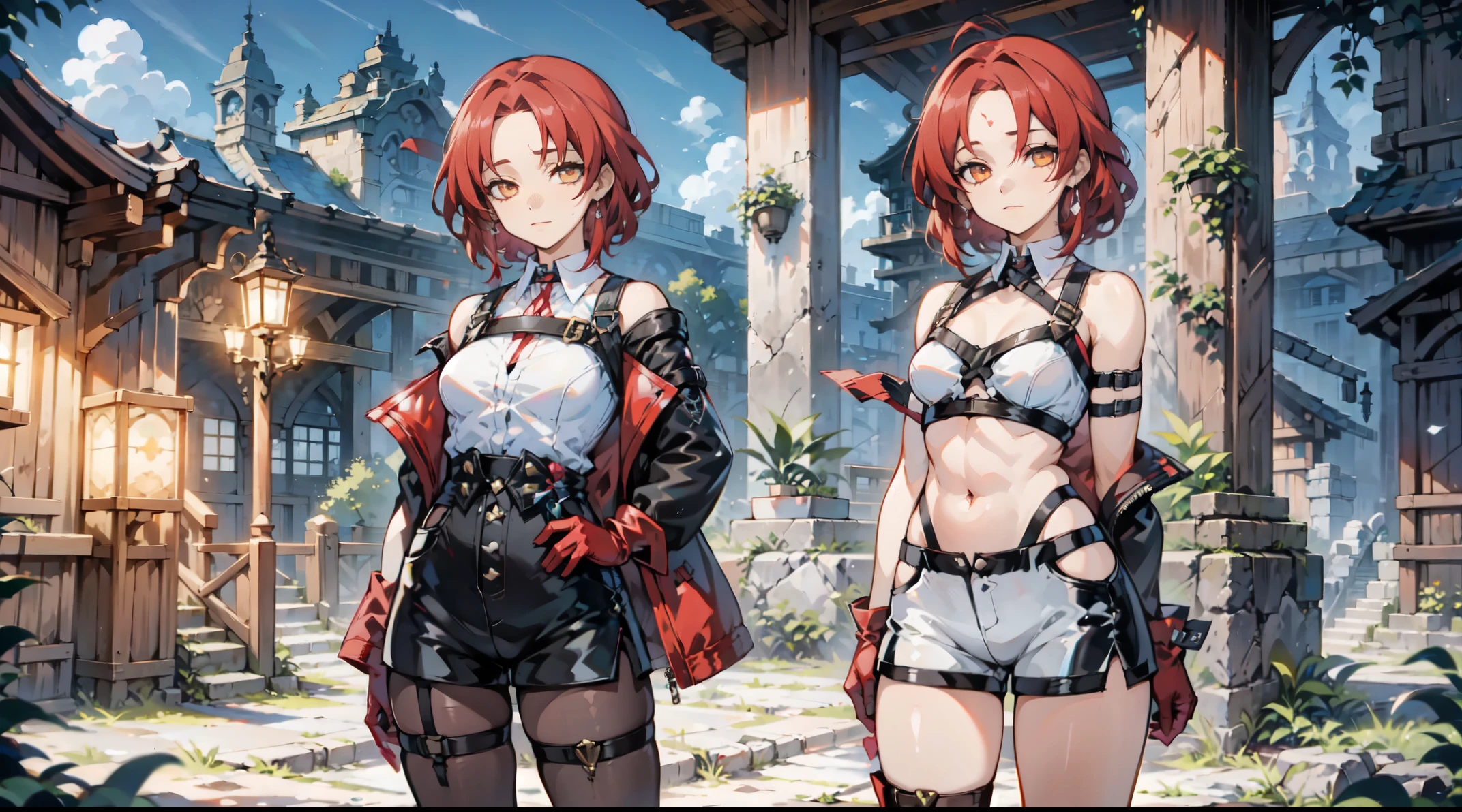 1girl, young woman, solo, short hair, Small  hair, (forehead:1.2), yellow eyes, (scarlet red hair), Athletic, muscular, medium breasts, (cropped jacket, black jacket), white shirt, collared shirt, (chest harness, shoulder strap:1.15), black leather shorts, pantyhose 7/8, garter belt, gloves, elegant, looking at viewer, standing, night,  masterpiece, best quality, 4k