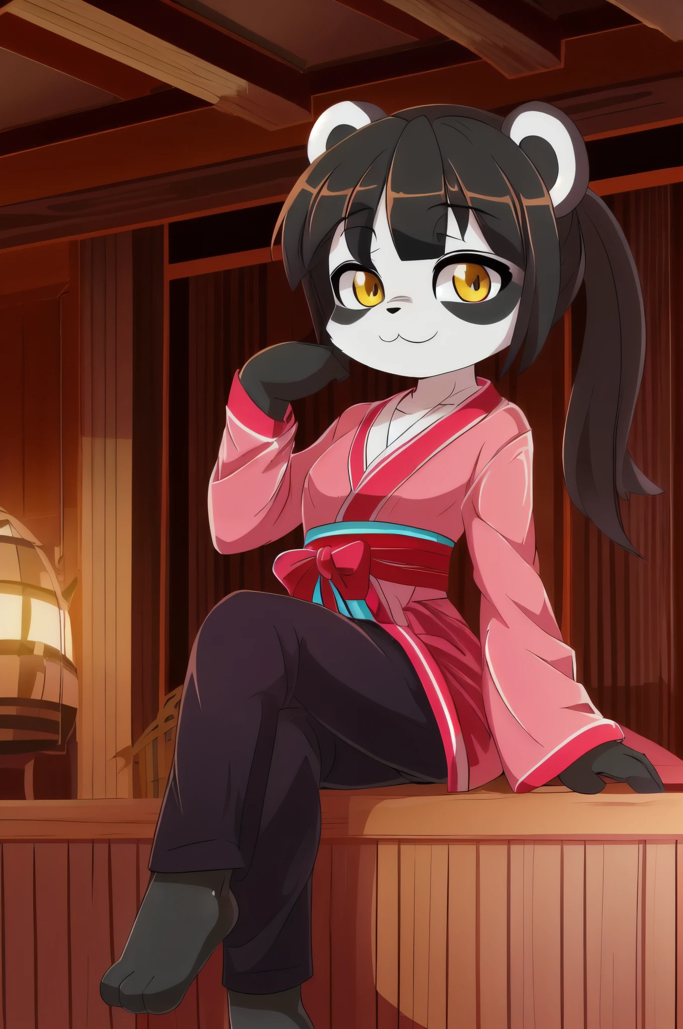 furry girl, young, panda, black hair, open bangs, long ponytail, anime style, small breasts, yellow eyes, ((pink kimono, hakama pants)), high quality, detailed body, detailed eyes, detailed face, masterpiece, glistening body, detailed body fur, best quality, panda body fur, two tone body fur, black body fur, white body fur, skinny, :3, black panda eyeshadows, panda ears, perfect lighting, perfect shadows, perfect eyes, perfect hair, perfect face, gorgeous body, tavern, sitting on chair, full body, feets whit three toes,