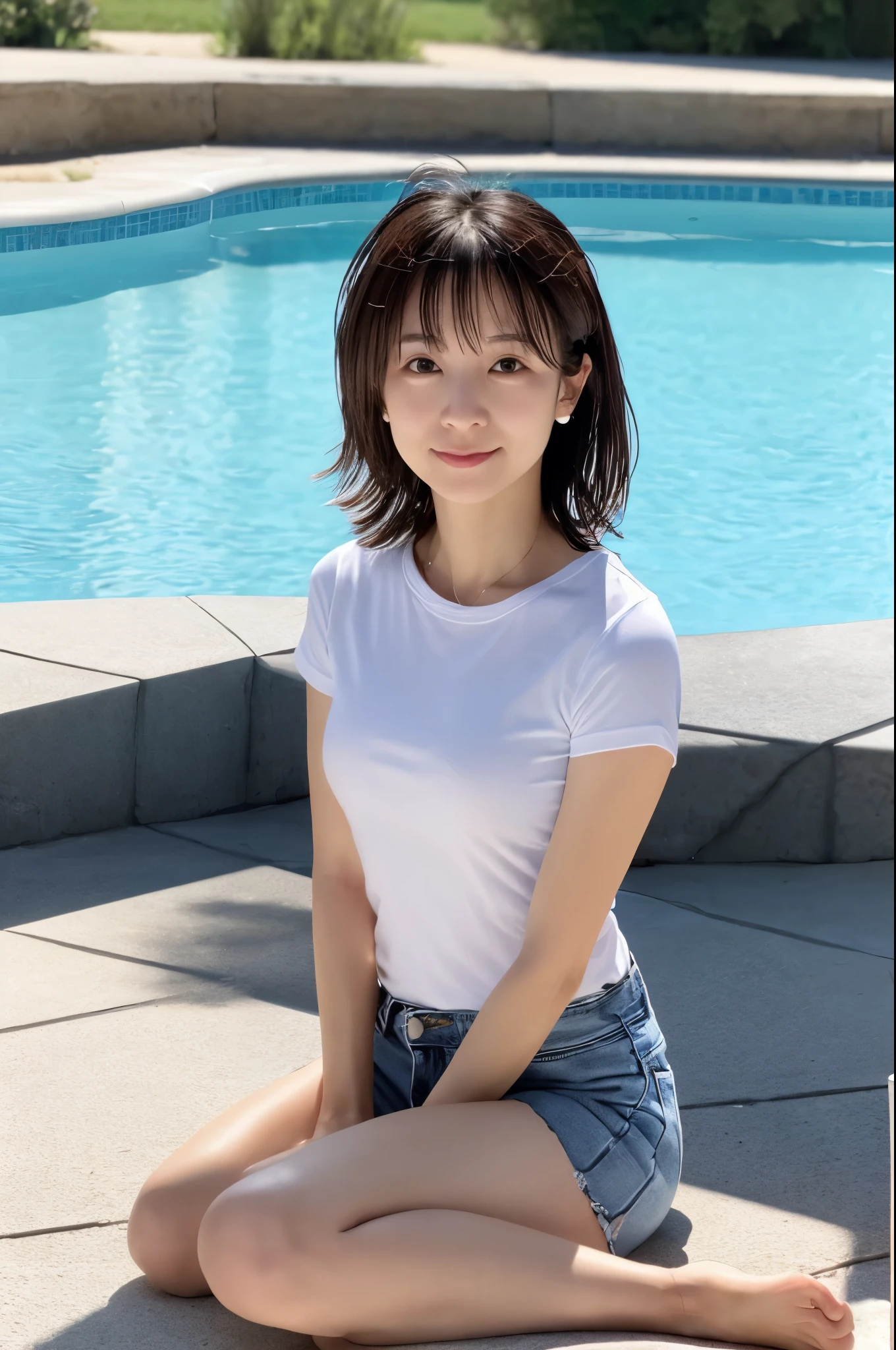 top-quality,masterpiece,Raw photography,8K,Top image quality,hight resolution, 18 years old Japanese female idol ,Beautuful Women,cute Japanese girls, Pretty Woman ,Beautiful face in every detail, aegyo sal ,small head, seductive smile ,Realistic human skin, pale skin ,cut model , Short hair ,bowl cut ,skinny body ,Sweat, t-shirts,rib ,(low rise pants, waist shoes )from side, constriction, anterior superior iliac spine ,navel focus, arched back,
