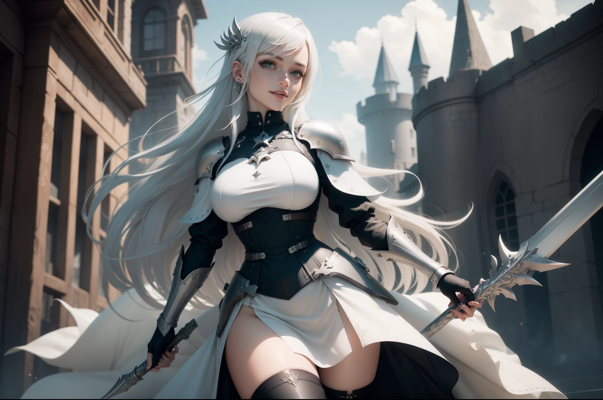 gwen tennyson,1girl,yorha 2b,riven,tracer, overwatch,atelier ryza,close up,castle siege view,tattoos,black and white plugsuit,white short sleeve paladin top,full steel paladin armor,long paladin skirt,white paladin corset,long hair,princess makeup,green eyes,multicolored silver hair,long dress train,fierce smile,freckles,beautiful girl,paladin thigh high boots,large breasts,8k,ultra detailed,realistic,fantasy art,silver paladin uniform,queen gown dress,hair pin,ear piercings,snowflake hand and neck jewelry,(weather:windy),long scarlet paladin cape,holding a long spear,petals flying,