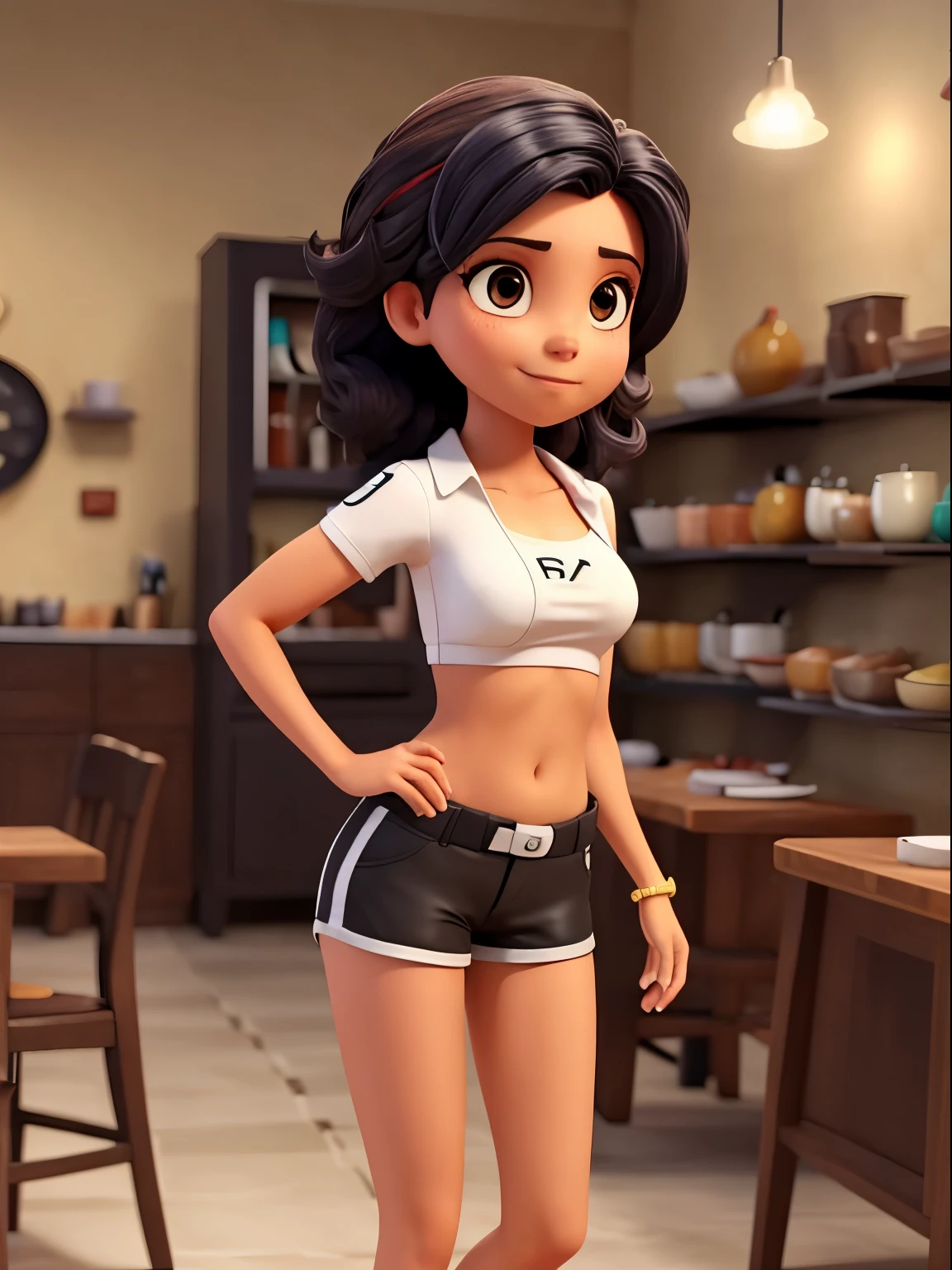 Mujer de color de pelo cafe sin camisa, sin zapatos, con un short deportivo negro