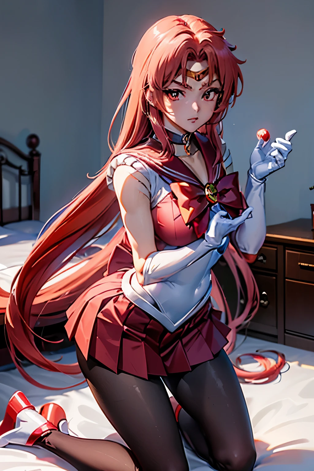 Anime girl in a short red dress sitting on a bed - SeaArt AI