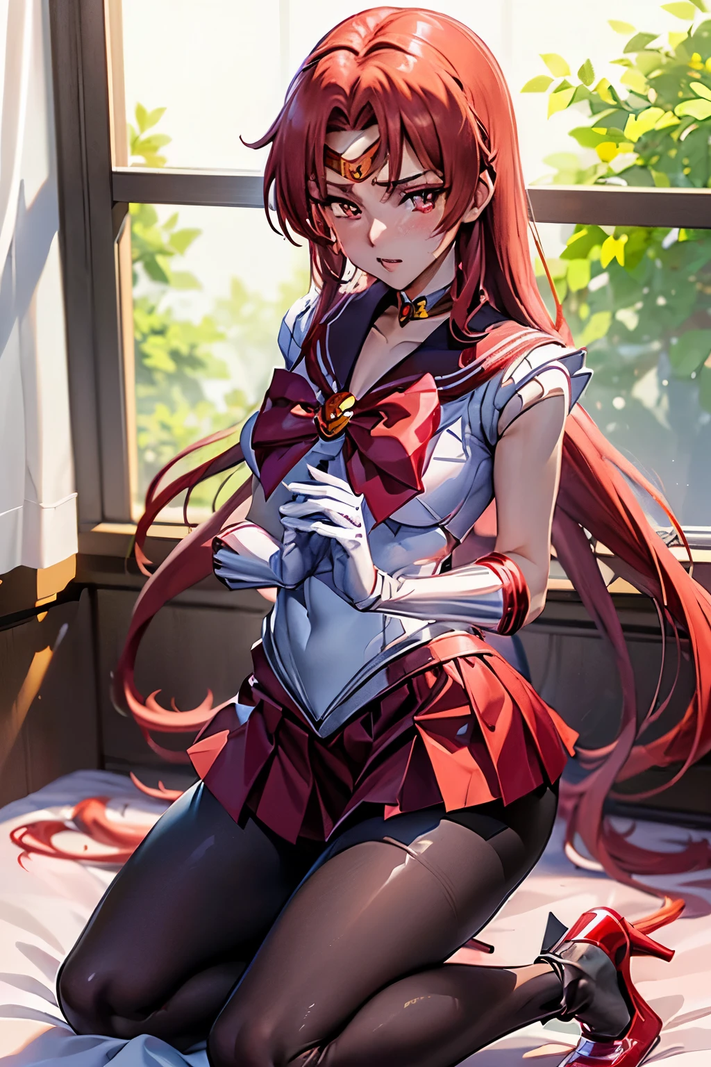 masutepiece, Best Quality, 1girl in, (ingridms),Red color hair, (red eyes:1.2),((Sailor Senshi))、((a miniskirt))、((embarassed expression))、((Bedroom))、((Kneeling))、((pantyhose))、((Long))、((White Long Gloves))、((Holding a skirt))、((pumps))