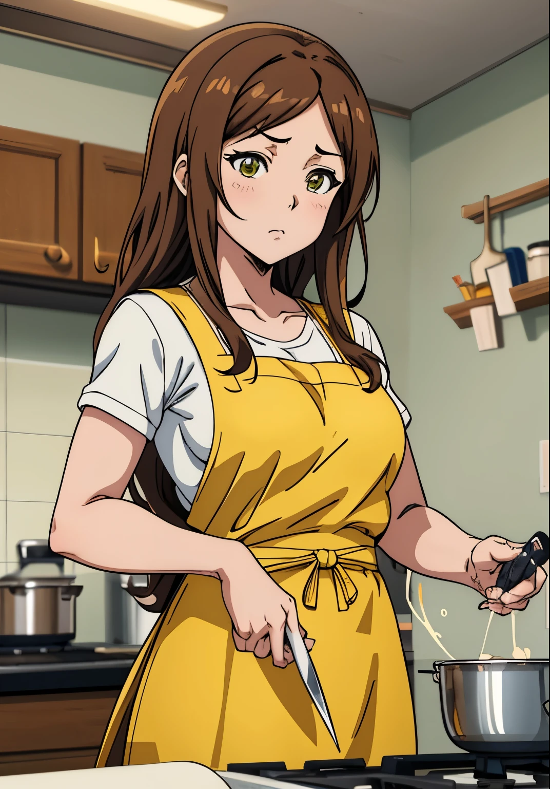 anime girl with long brown hair wearing yellow apron and holding a knife, oppai, (sfw) safe for work, anime moe artstyle, oppai proportions, thicc, cooking, vore art, small curvy loli, marin kitagawa fanart, with a large breasts, ecchi anime style, r/art, r /art, r / art, in the kitchen