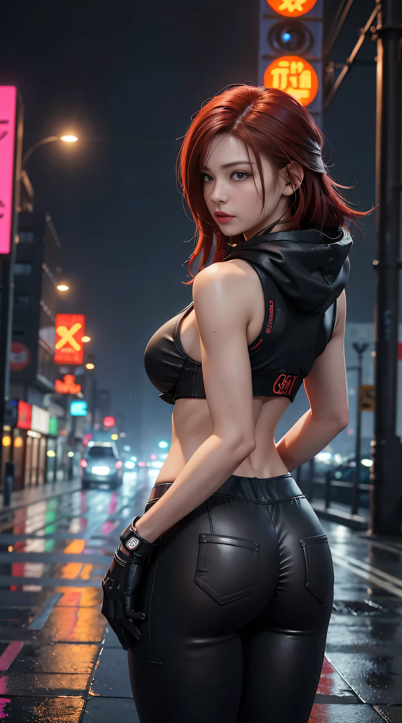 sfw, best quality, masterpiece, cinematic, realistic, cyberpunk, cyberpunk city, neon, volumetric lighting, black sky, (raining, thunderstorm), 1girl, (cyberpunk clothing, hoodie, pants, punk clothelowing red hair), water reflecting off ground, from behind, ((hidden face)),, wearing bra,((skinny waist)), young asian girl, ((big boobs)),
