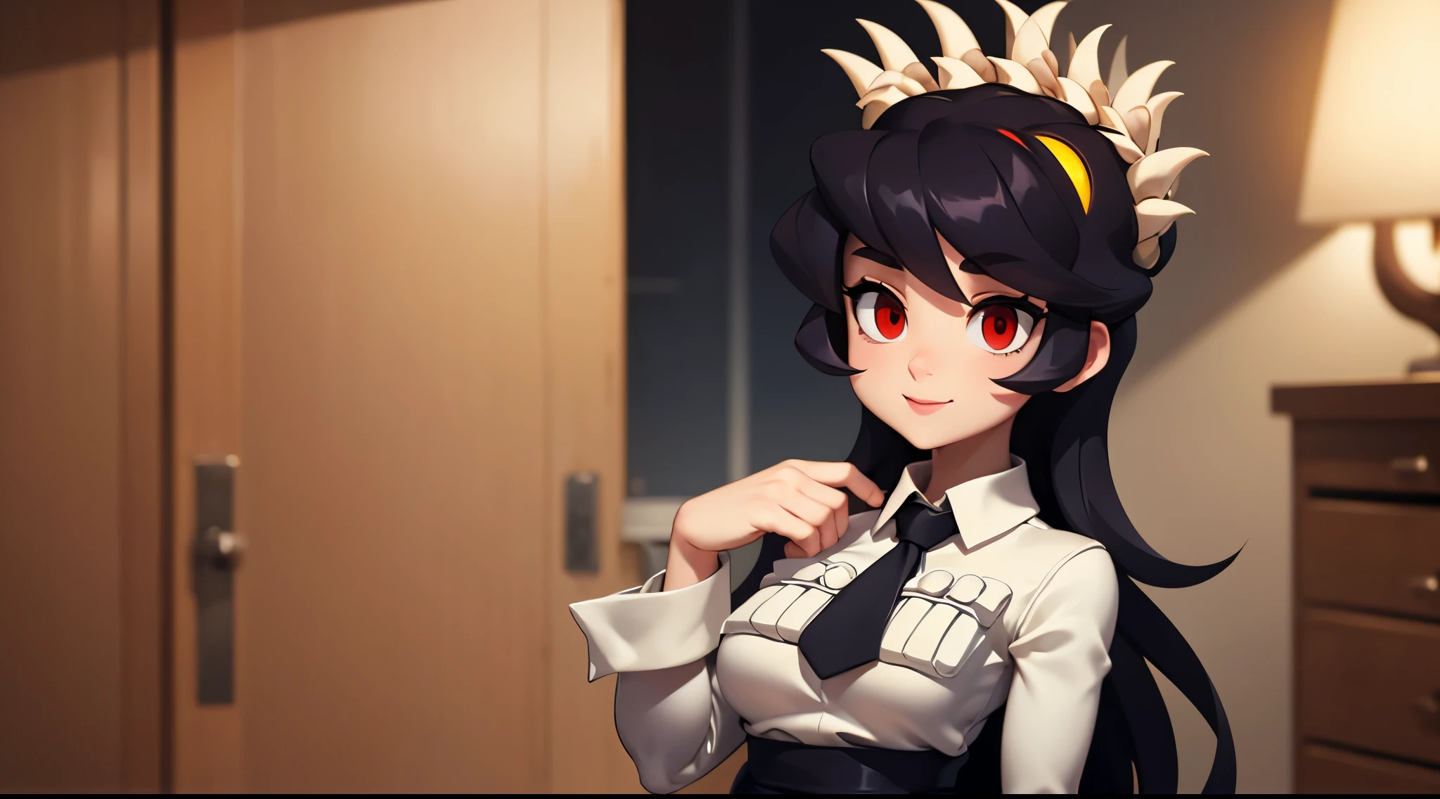 Filia, only one girl, one face, long hair, big and beautiful eyes, anatomically correct eyes, red pupil, feminine lips, smiling, big breasts, wide hips, small waist, big ass, sensual body, beautiful body, anatomically correct body, long legs, big thighs, feminine and beautiful hands, very detailed image, very detailed body, very detailed eyes, very detailed hands, anatomically correct hands, white shirt, white shirt pockets on her breasts, black buttons on the shirt pockets, tiny black tie, black short skirt, black socks, brown shoes, very detailed background, masterpiece, artwork, detailed, cute