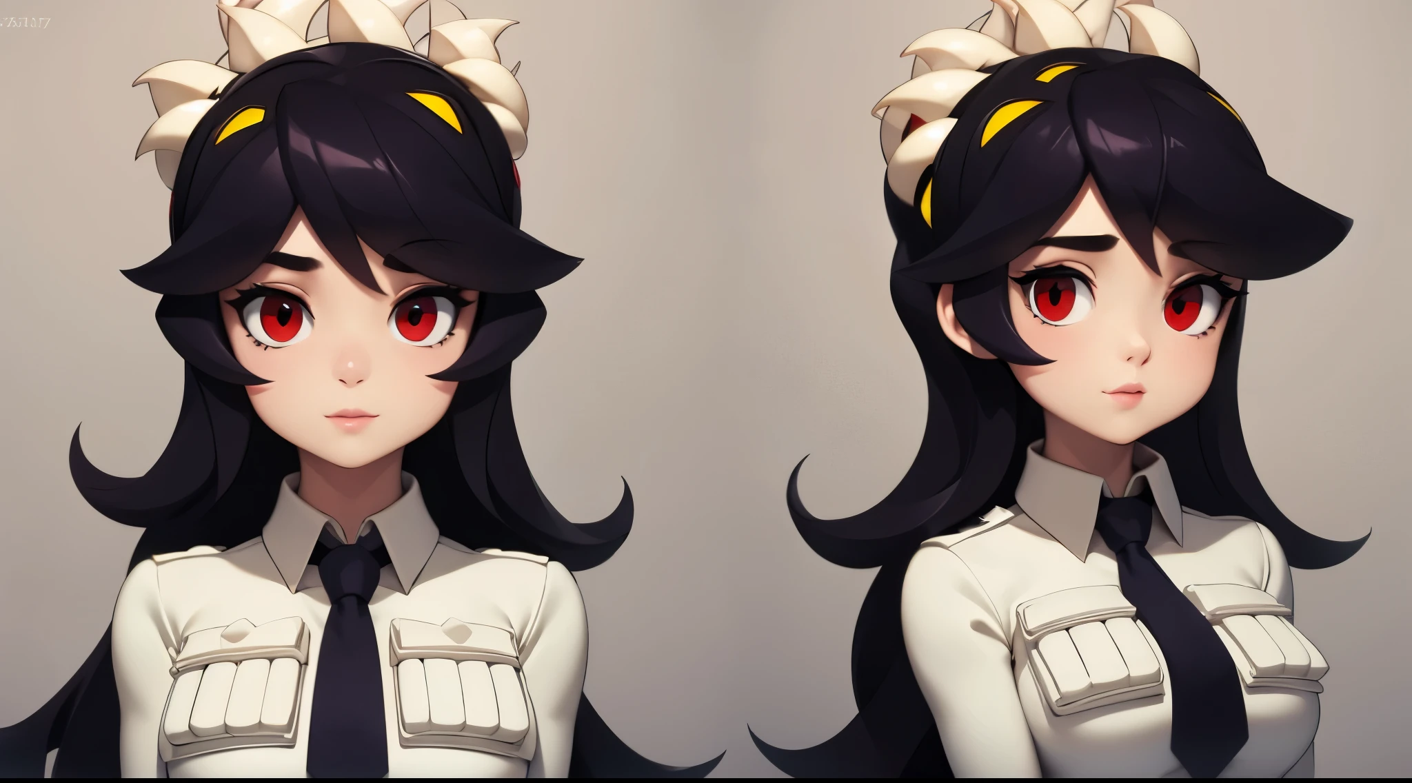 Filia, only one girl, one face, long hair, big and beautiful eyes, anatomically correct eyes, red pupil, feminine lips, smiling, big breasts, wide hips, small waist, big ass, sensual body, beautiful body, anatomically correct body, long legs, big thighs, feminine and beautiful hands, very detailed image, very detailed body, very detailed eyes, very detailed hands, anatomically correct hands, white shirt, white shirt pockets on her breasts, black buttons on the shirt pockets, tiny black tie, black short skirt, black socks, brown shoes, very detailed background, masterpiece, artwork, detailed, cute