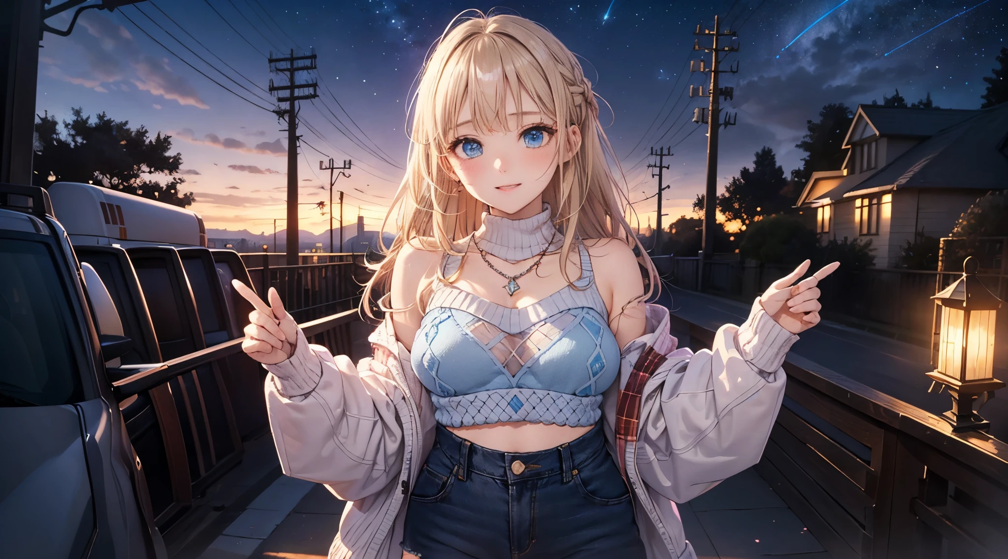 absurderes, ultra-detailliert,bright colour,(At 8K:1.3),masuter piece,extremely beautiful detailed face and eyes,8K,(Deep Blue Eyes:1.2),(Loose Size Pink Argyle Knit:1.4),(Short denim:1.2),Cute smile、Synchrosis Necklace、Stylish bracelets,Inside the boutique,(Full body:1.2) X-Hair,Aurora、city light、constellation、Crescent,intergalactic,lamp post, Particles of light, milkyway, natta, nigh sky, outside of house, planetes, Power lines, shooting stars, Skysky, Skyscraper, 独奏、Stargazing,Star_\(skyporn\)、starrysky、Winters、(Smooth straight blonde hair:1.3), (Shiny hair:1.2), Delicate beautiful face, red blush、