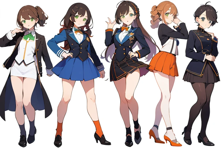 (((Best Quality))) , ((full body)), female, multiple views, white background, variety of hairstyles, seductive pose, cropped blazer, mini skirt, blue, orange, green, violet, brown, white, Mess dress uniform,