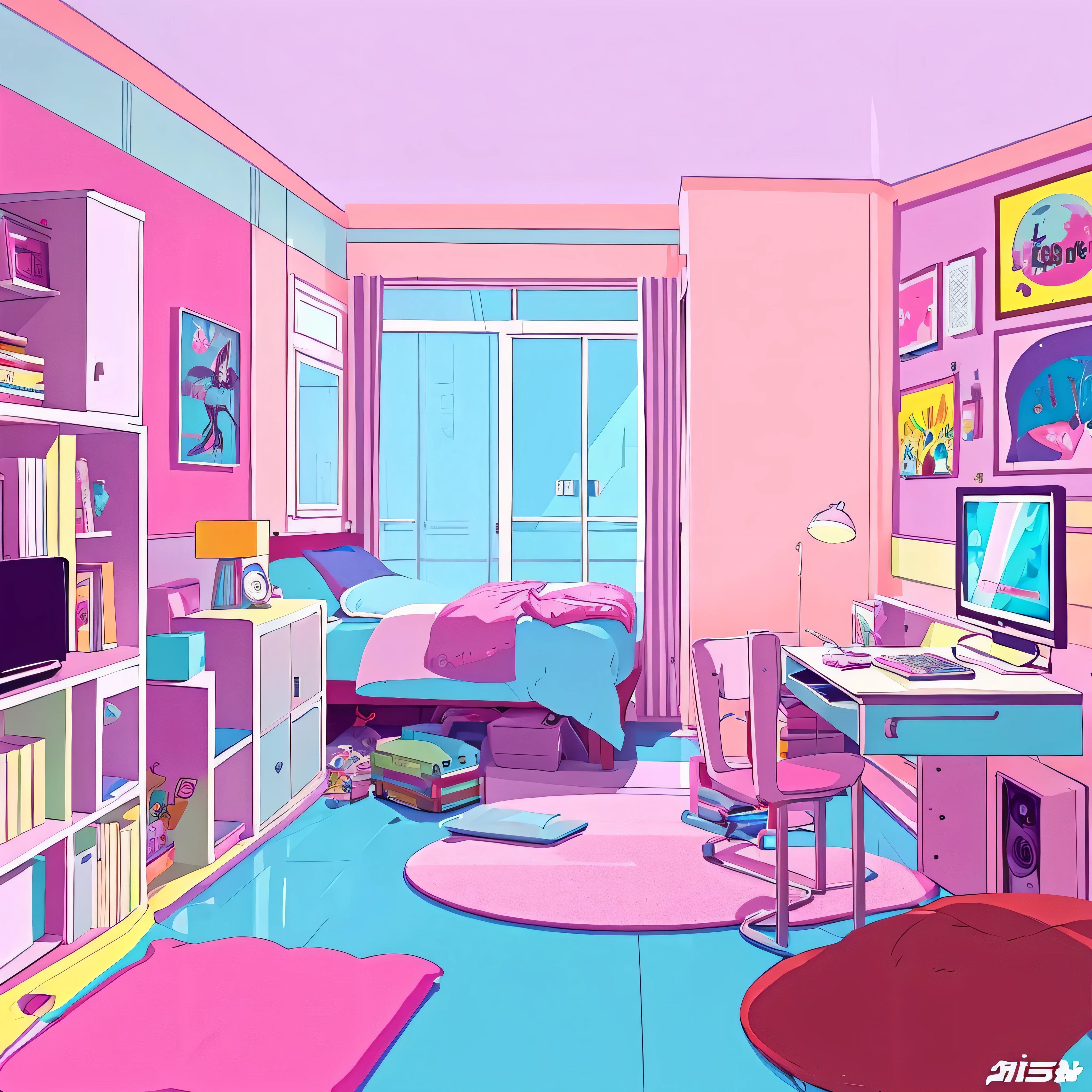 Room illustration、Otaku Girl'room with at、CRT TV、Pastel tones、70's American elements、Anime style illustration touch、feeling messy、