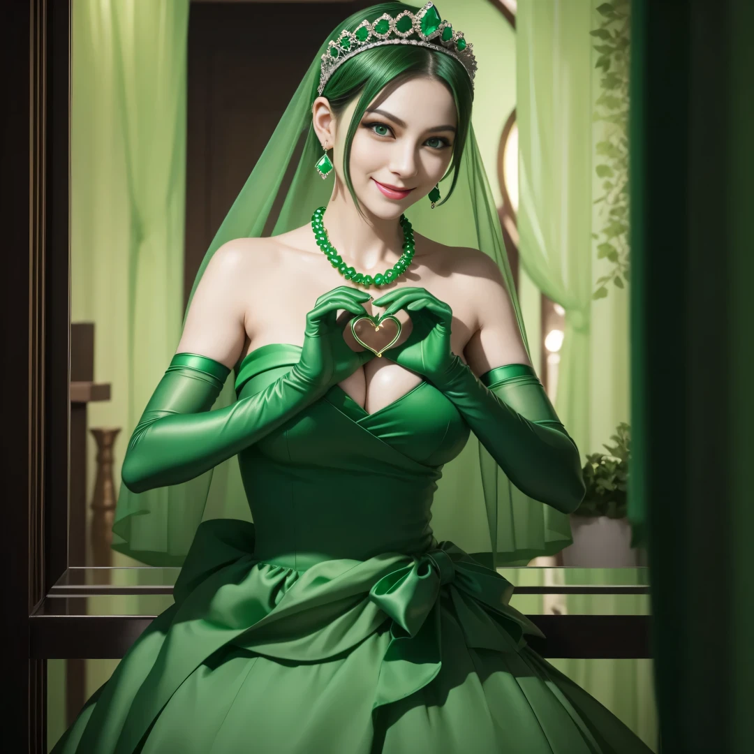 emerald tiara, Green Pearl Necklace, Boyish very short green hair, lipsticks, Japan woman smiling, very short short hair, big breasts beautiful, Green eyes, Long green gloves made of satin material, Green eyes, Emerald Earrings, green vale, 両Heart in the hand, Heart in the hand