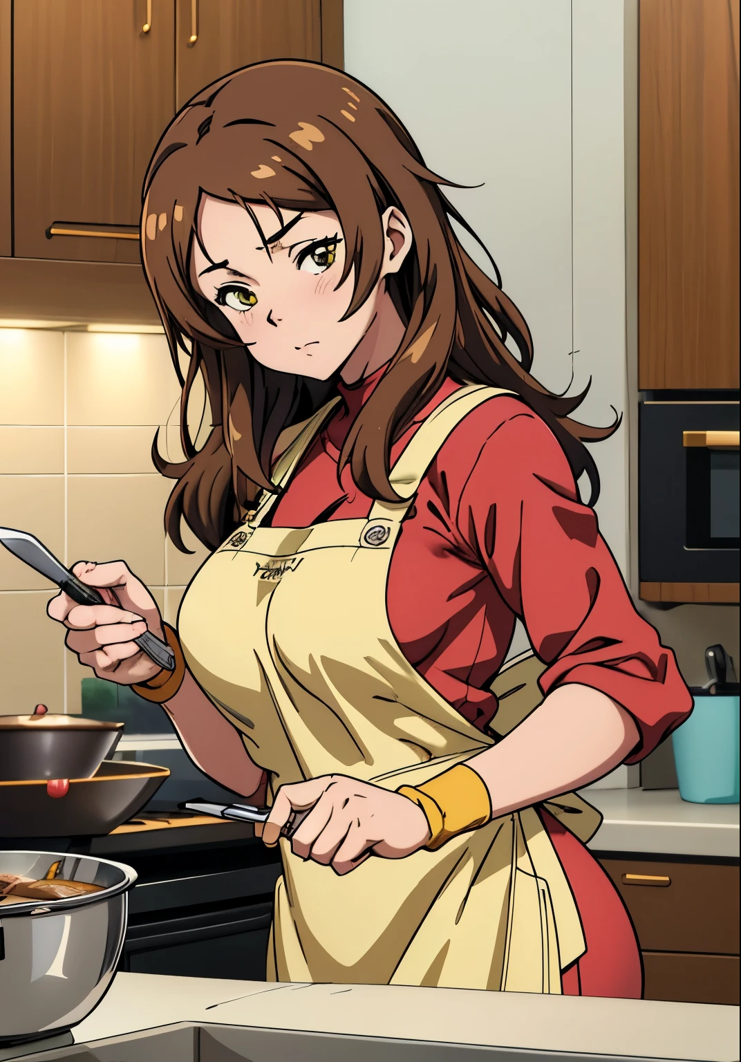 anime girl with long brown hair wearing yellow apron and holding a knife, oppai, (sfw) safe for work, anime moe artstyle, oppai proportions, thicc, cooking, vore art, small curvy , marin kitagawa fanart, with a large breasts, ecchi anime style, r/art, r /art, r / art, in the kitchen